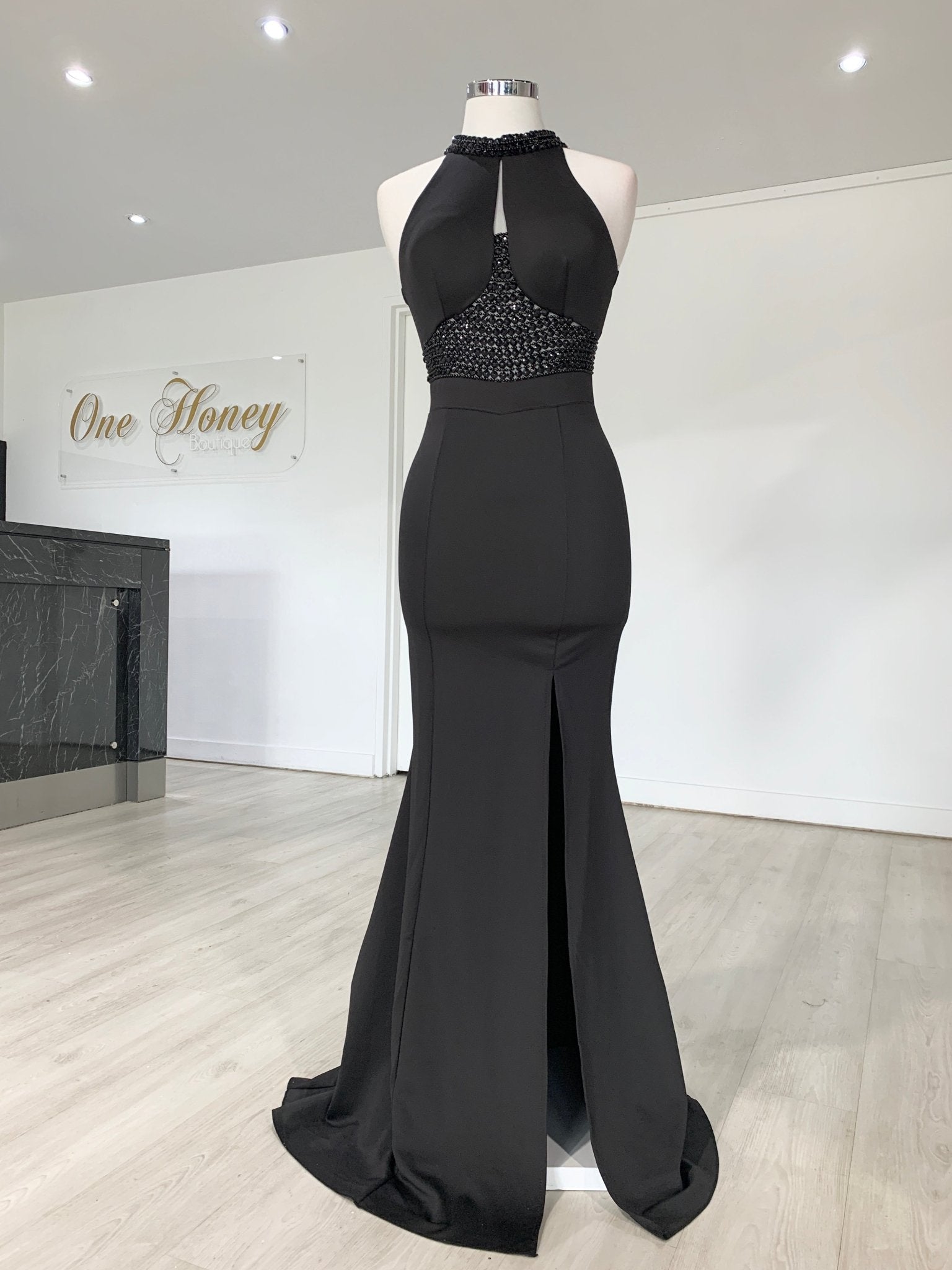 Honey Couture VALERIA Black Beaded Halter Formal Gown in Australia | One Honey Boutique