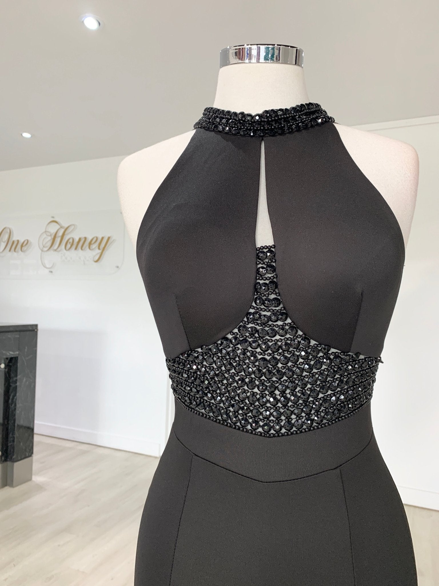 Honey Couture VALERIA Black Beaded Halter Formal Gown in Australia | One Honey Boutique