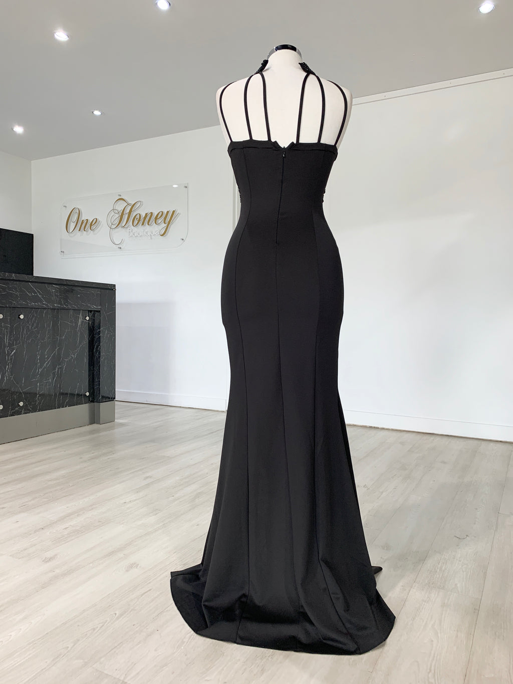 Honey Couture VALERIA Black Beaded Halter Formal Gown