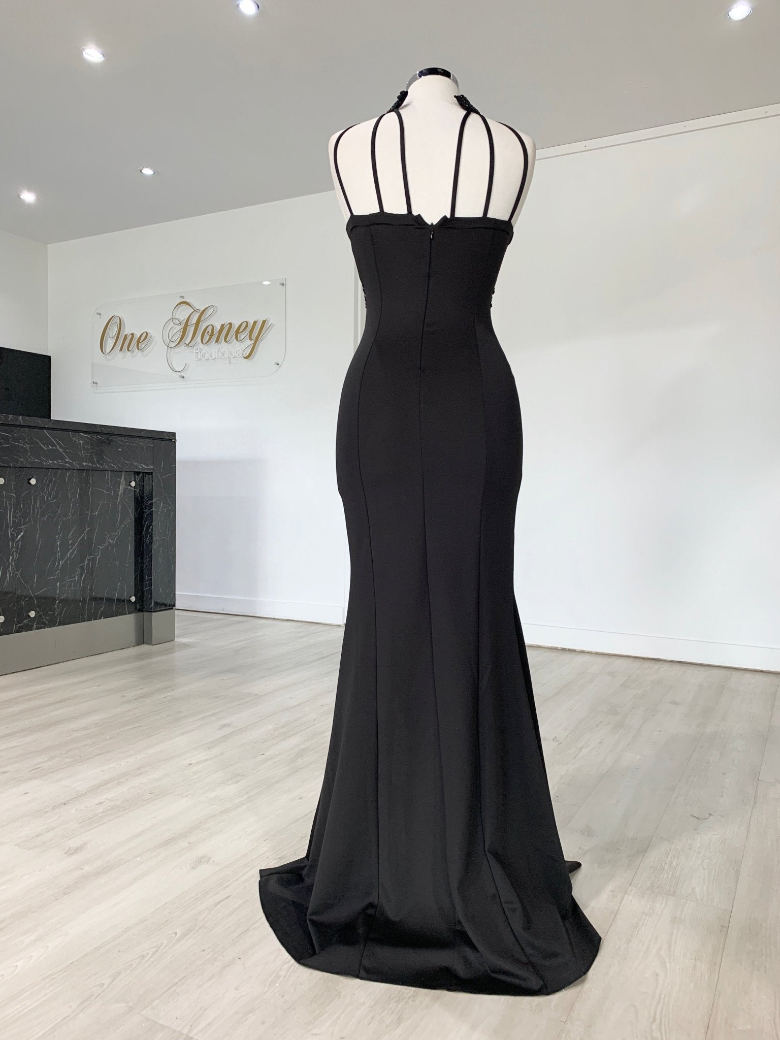 Honey Couture VALERIA Black Beaded Halter Formal Gown in Australia | One Honey Boutique