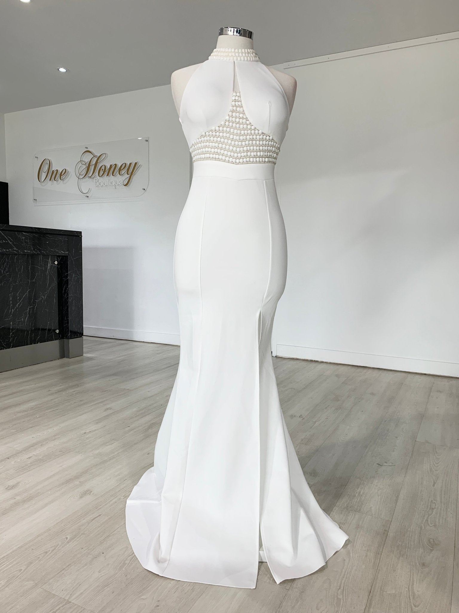 Honey Couture VALERIA White Beaded Halter Formal Gown in Australia | One Honey Boutique