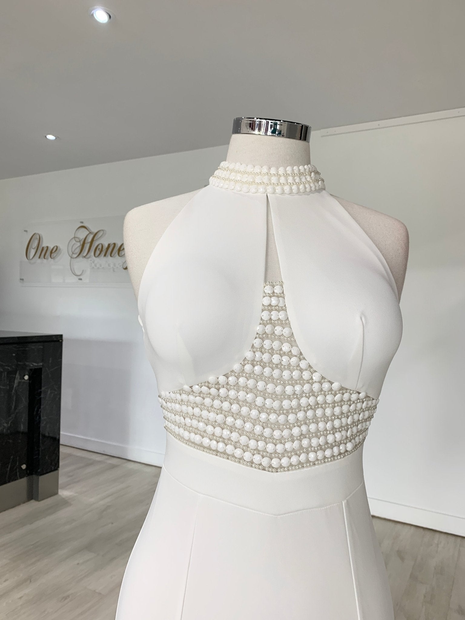 Honey Couture VALERIA White Beaded Halter Formal Gown in Australia | One Honey Boutique