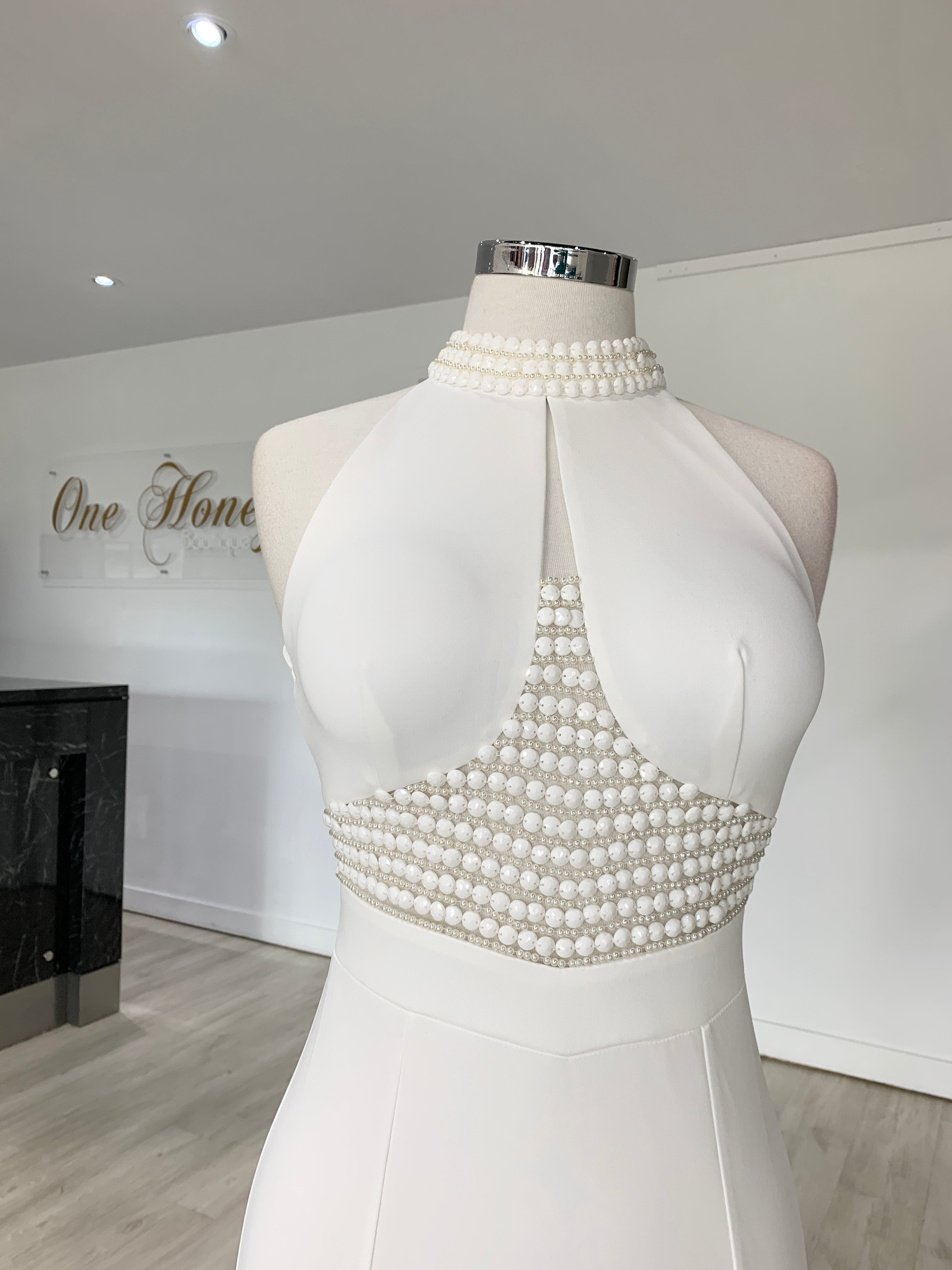 Honey Couture VALERIA White Beaded Halter Formal Gown {vendor} AfterPay Humm ZipPay LayBuy Sezzle