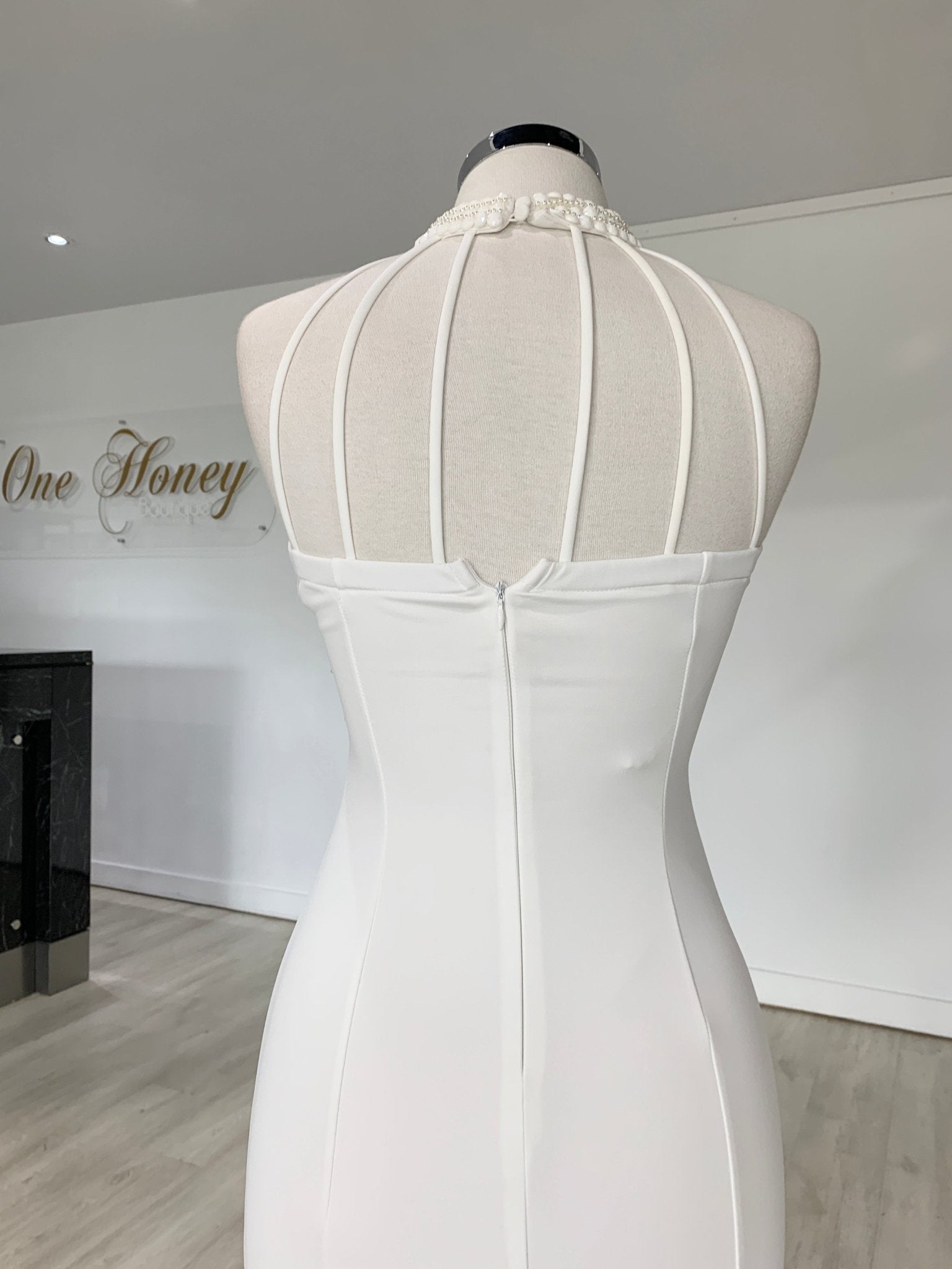 Honey Couture VALERIA White Beaded Halter Formal Gown in Australia | One Honey Boutique