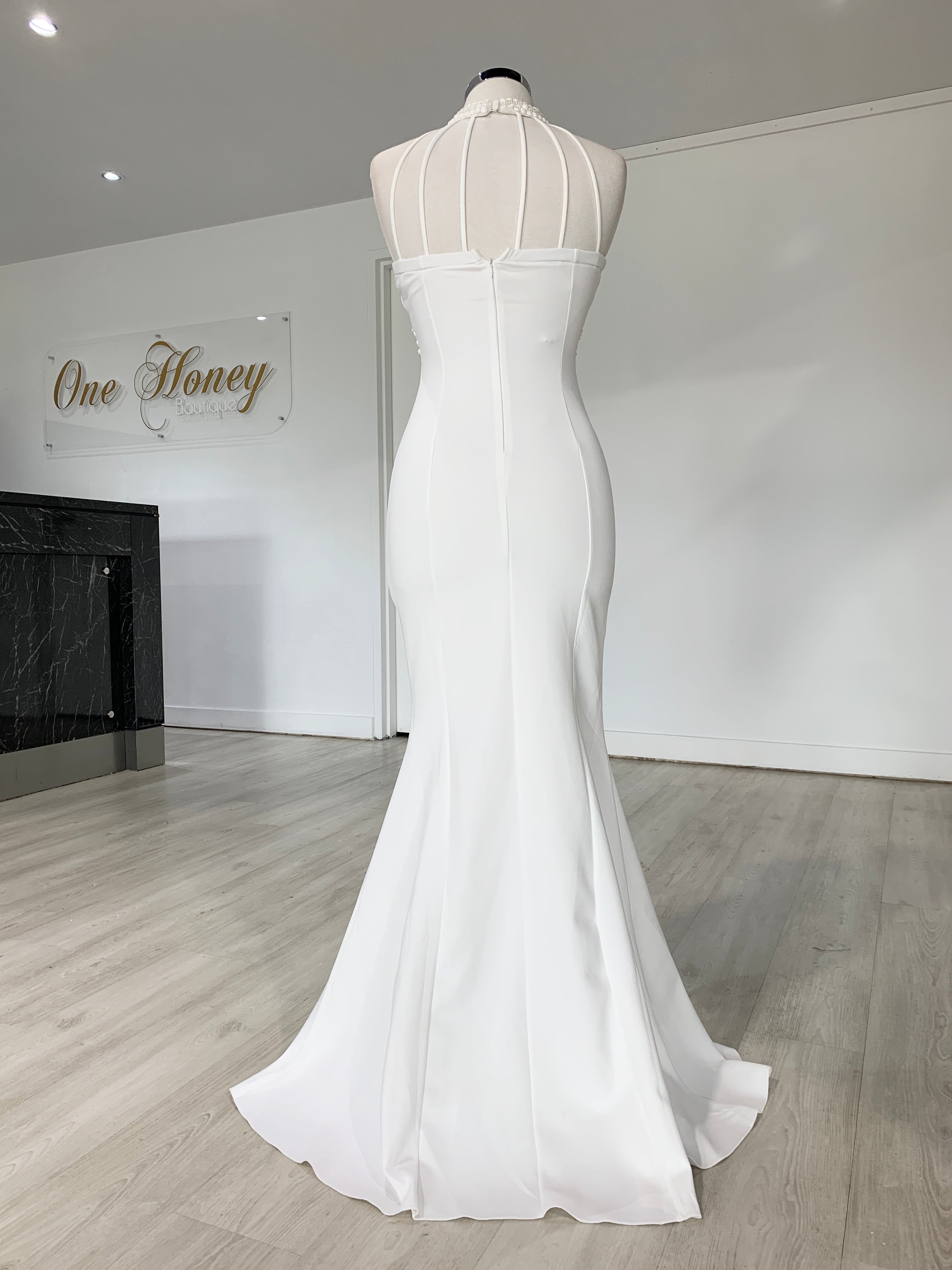 Honey Couture VALERIA White Beaded Halter Formal Gown {vendor} AfterPay Humm ZipPay LayBuy Sezzle