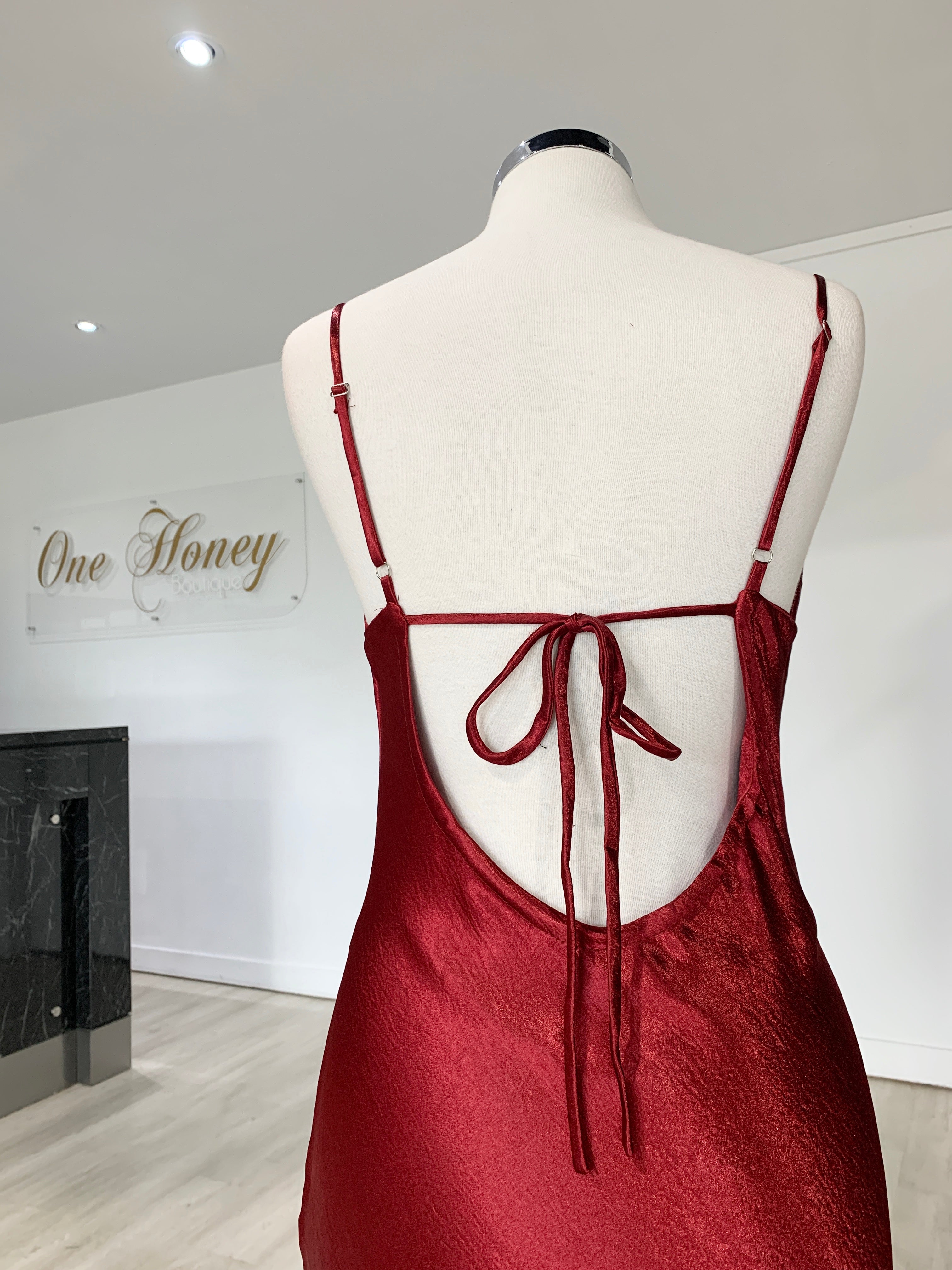 Honey Couture EVELYN Burgundy Silky Slip Formal Dress {vendor} AfterPay Humm ZipPay LayBuy Sezzle