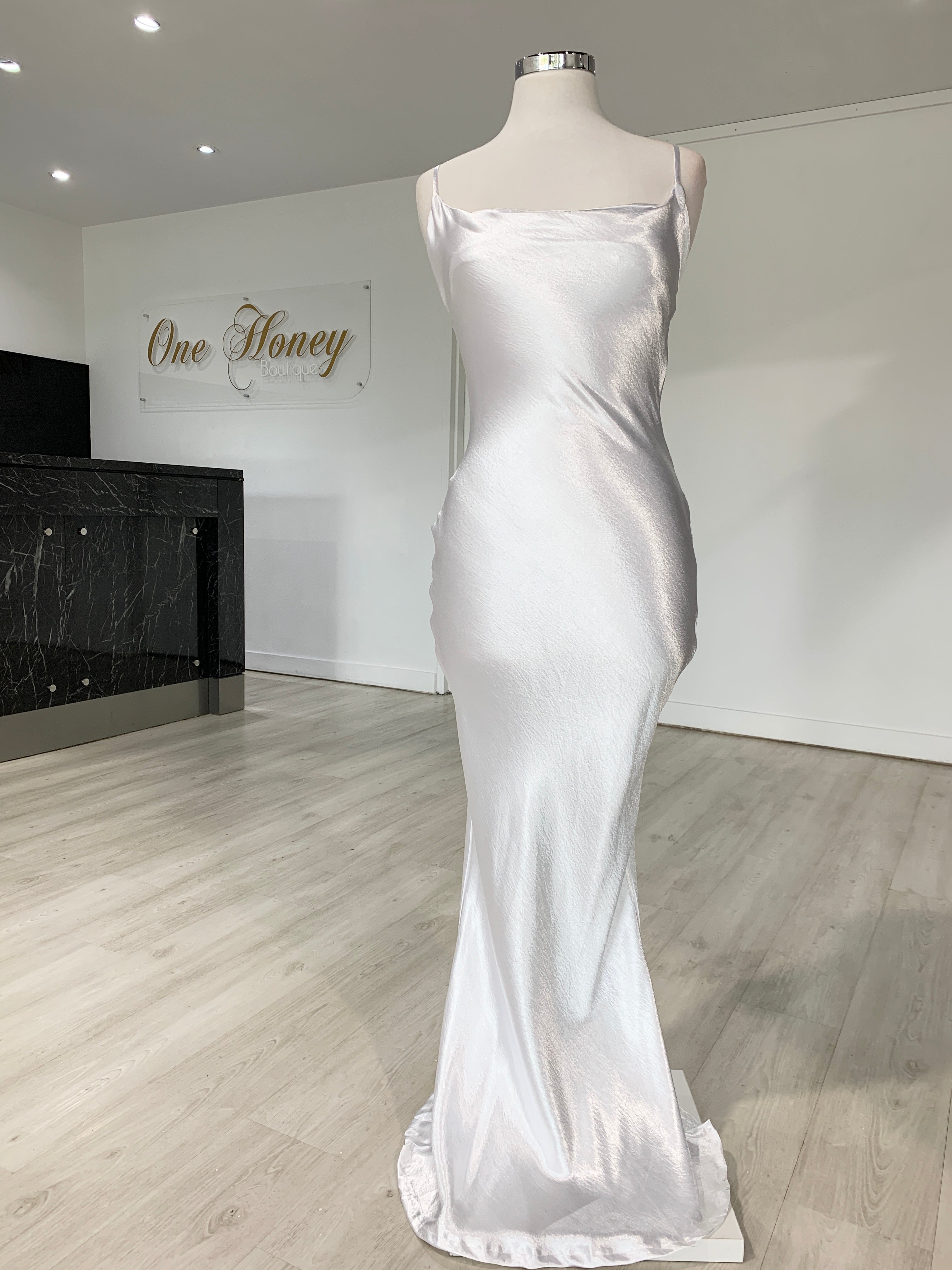 Honey Couture EVELYN White Silky Slip Formal Dress {vendor} AfterPay Humm ZipPay LayBuy Sezzle