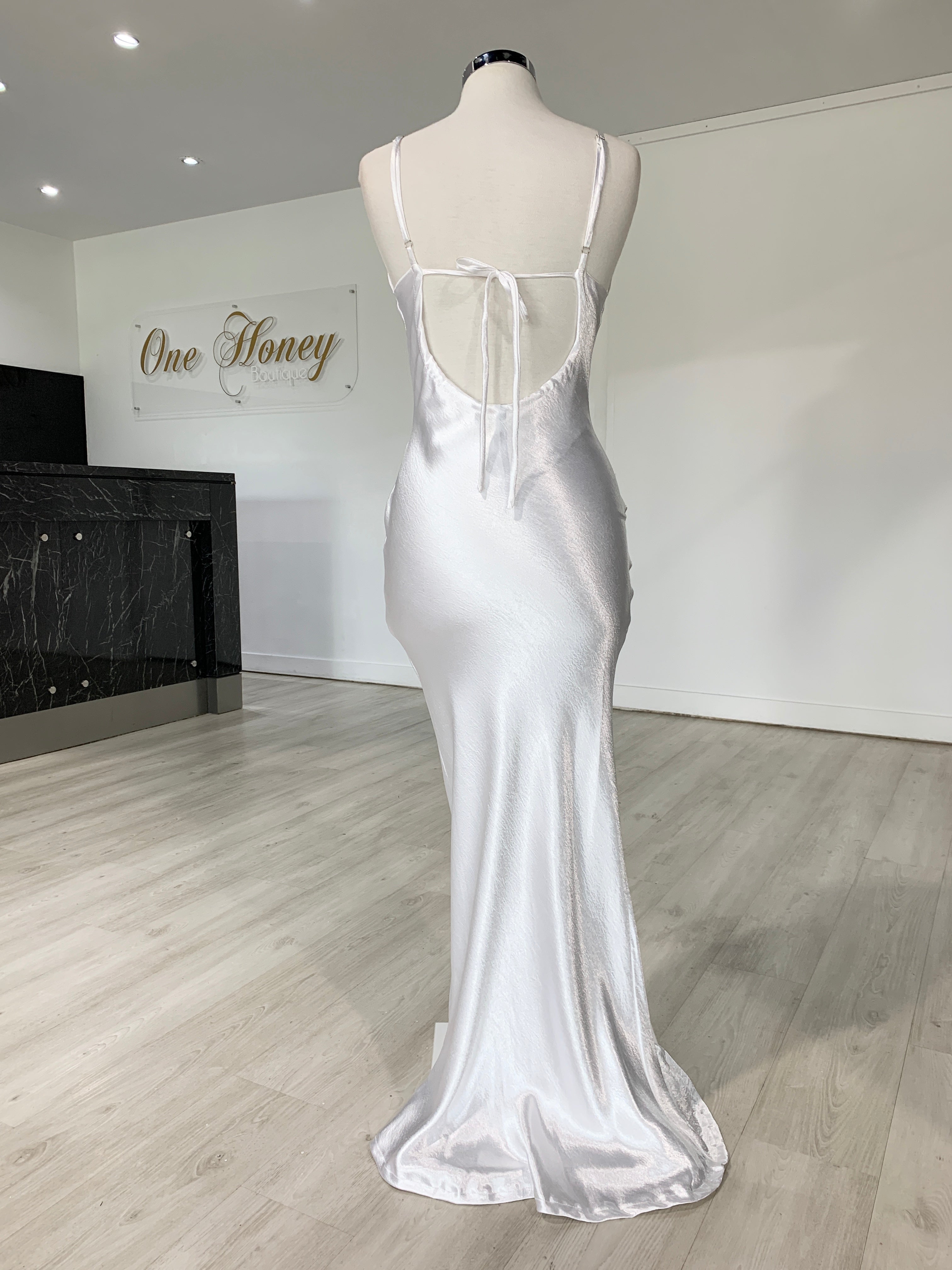 Honey Couture EVELYN White Silky Slip Formal Dress {vendor} AfterPay Humm ZipPay LayBuy Sezzle