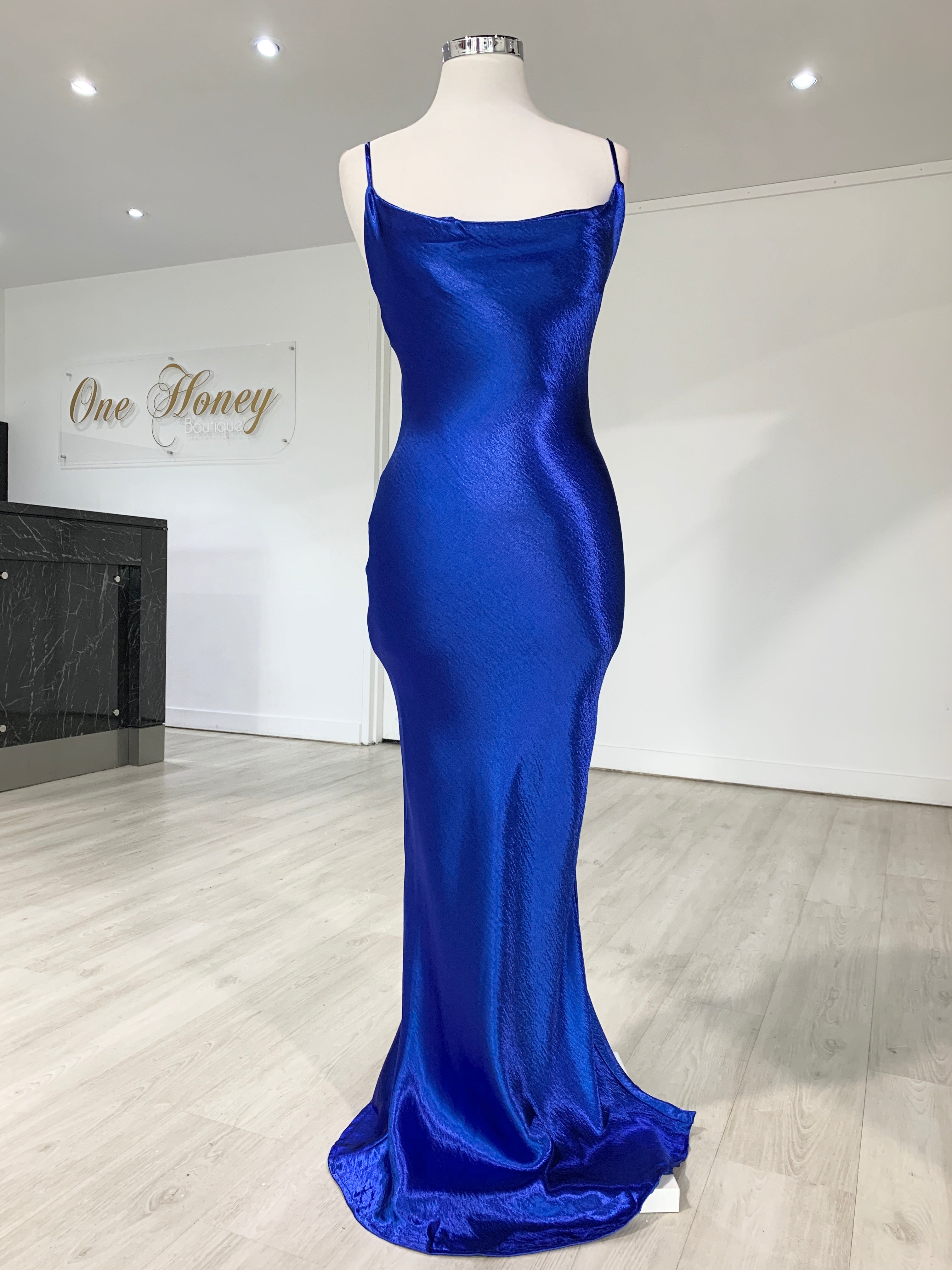 Honey Couture EVELYN Blue Silky Slip Formal Dress {vendor} AfterPay Humm ZipPay LayBuy Sezzle