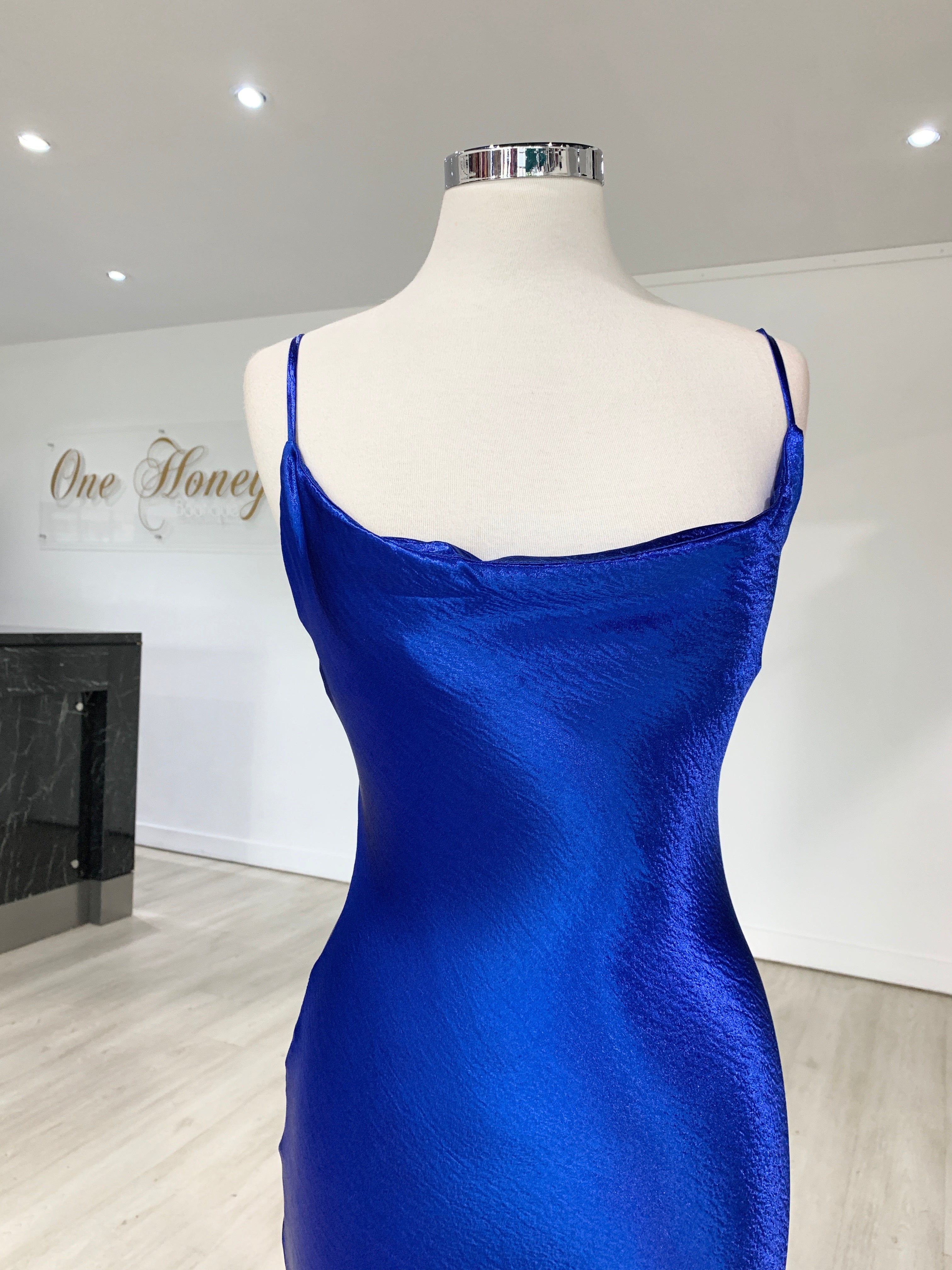 Honey Couture EVELYN Blue Silky Slip Formal Dress {vendor} AfterPay Humm ZipPay LayBuy Sezzle