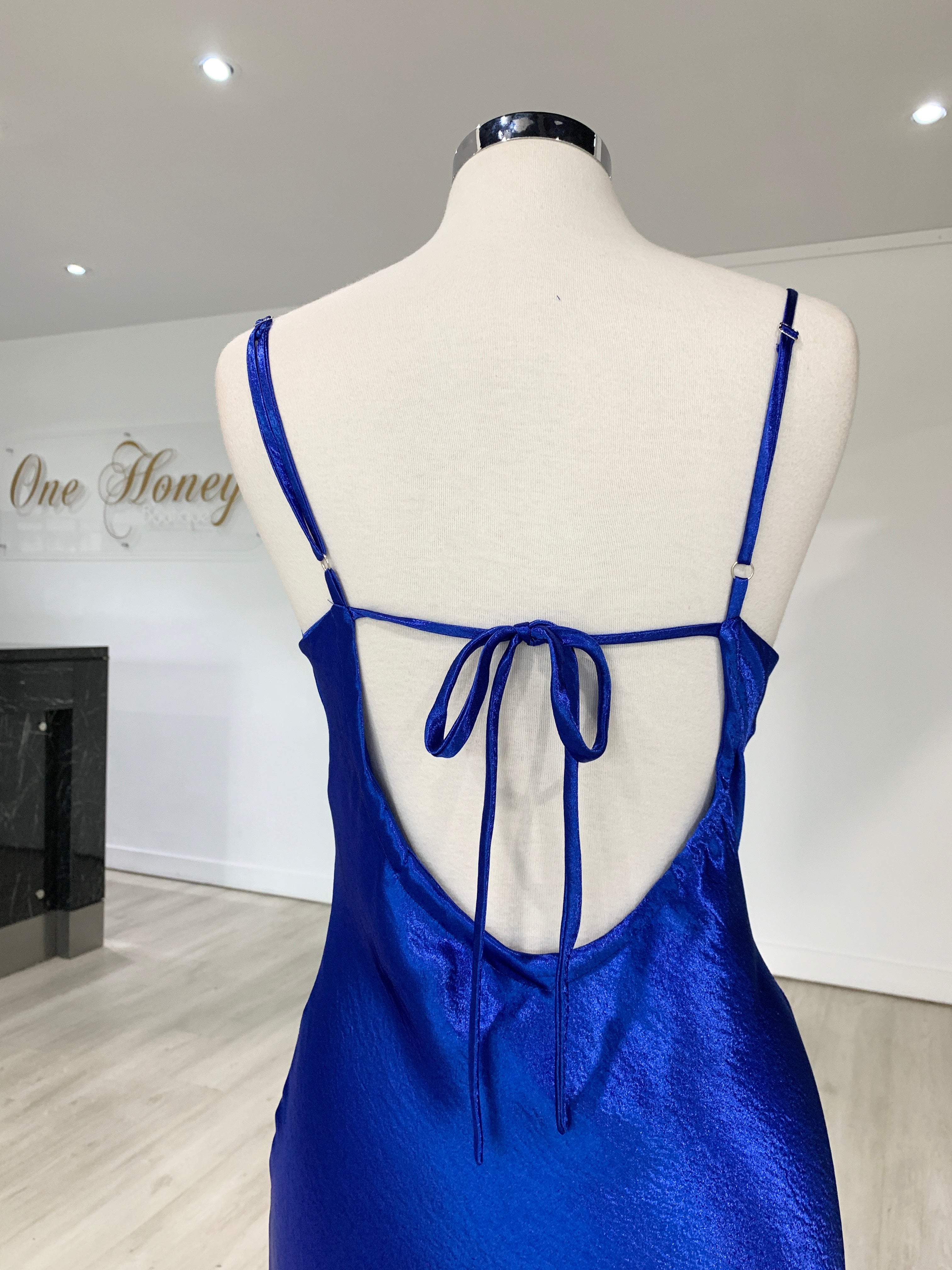 Honey Couture EVELYN Blue Silky Slip Formal Dress {vendor} AfterPay Humm ZipPay LayBuy Sezzle