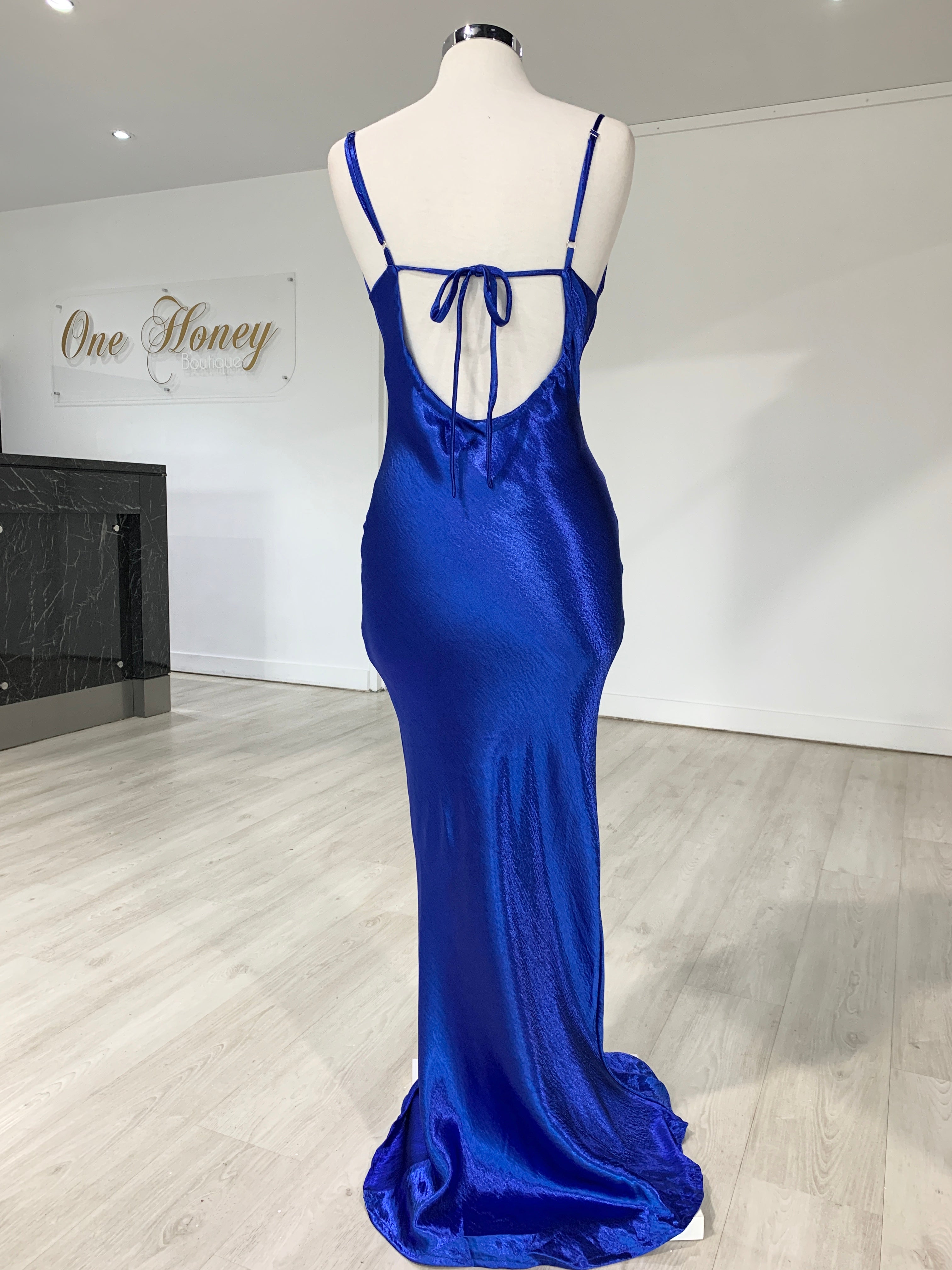 Honey Couture EVELYN Blue Silky Slip Formal Dress {vendor} AfterPay Humm ZipPay LayBuy Sezzle