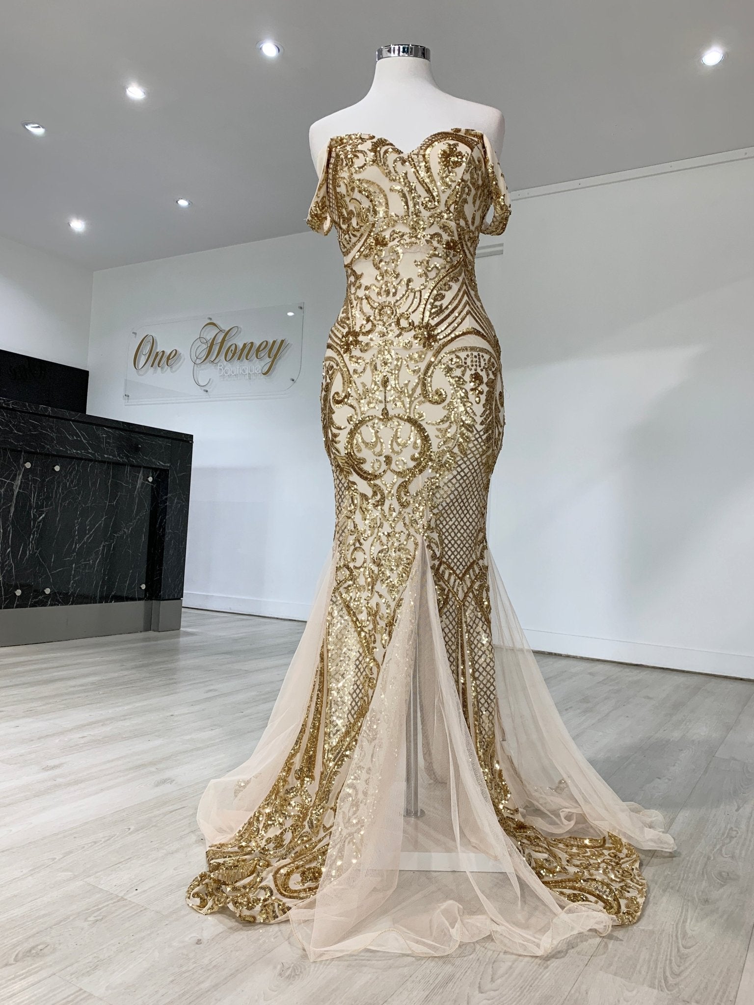 Honey Couture KIMBERLEY Gold Sequin Off Shoulder Formal Dress in Australia | One Honey Boutique
