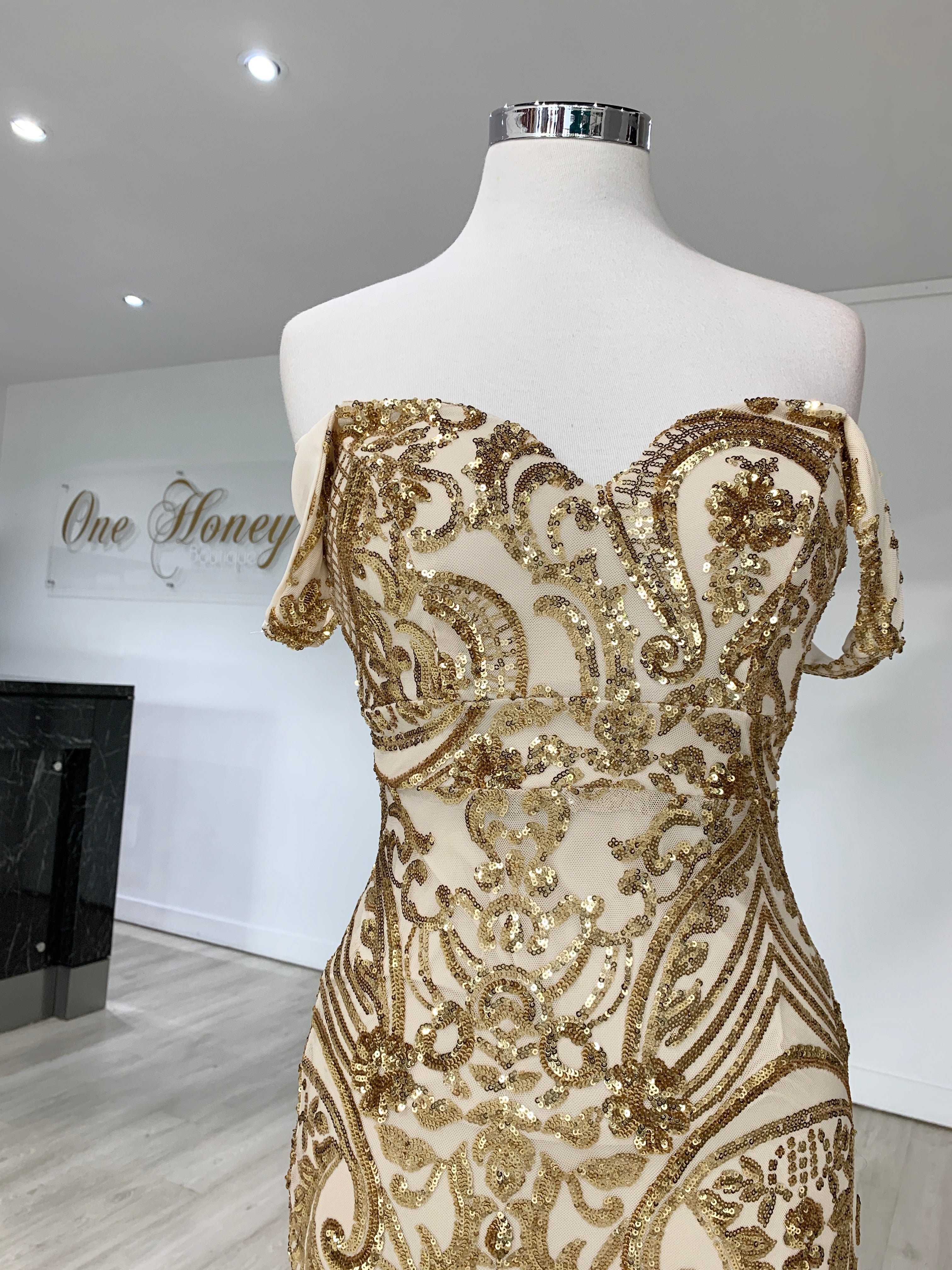 Honey Couture KIMBERLEY Gold Sequin Off Shoulder Formal Dress {vendor} AfterPay Humm ZipPay LayBuy Sezzle