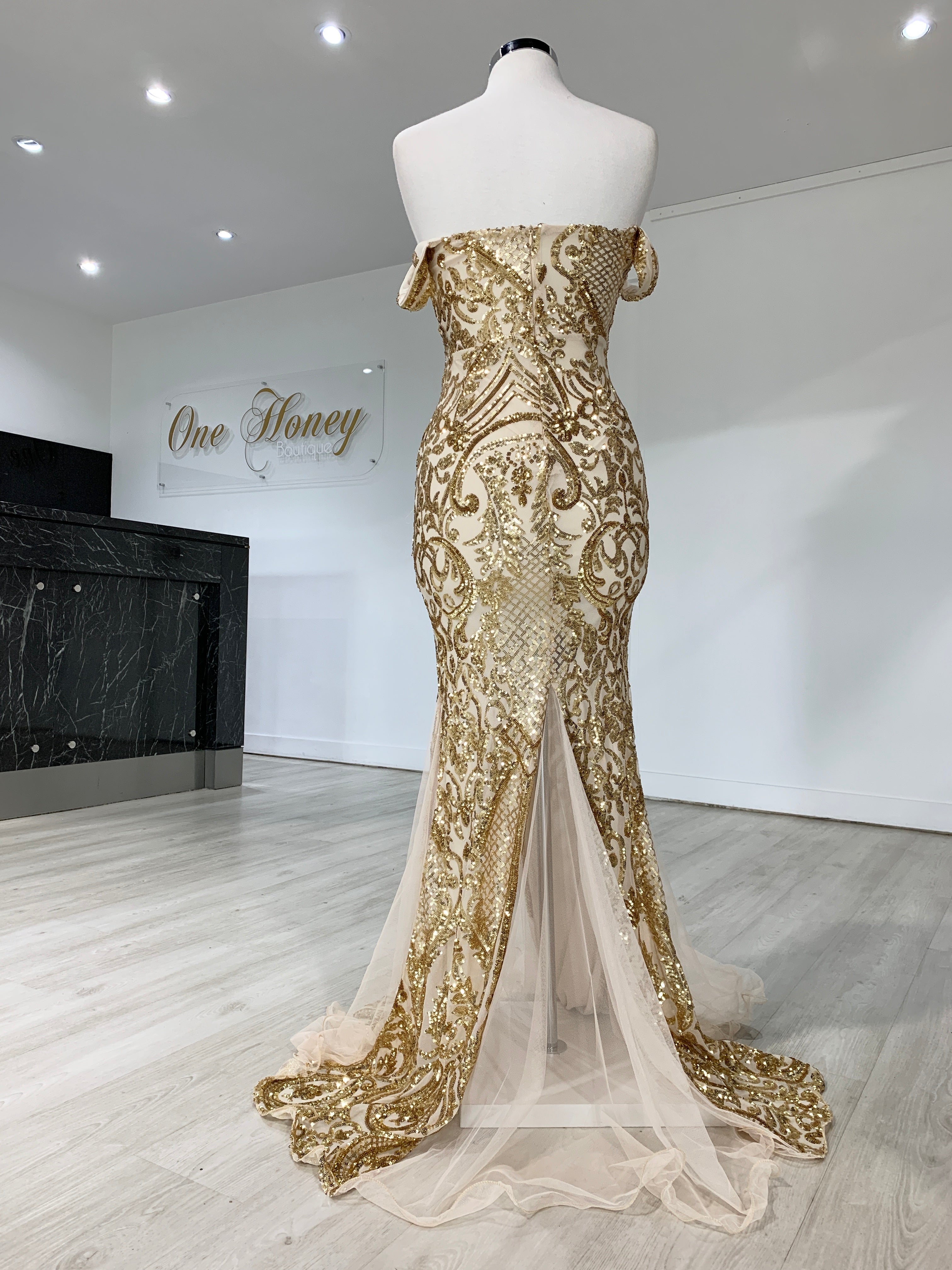 Honey Couture KIMBERLEY Gold Sequin Off Shoulder Formal Dress {vendor} AfterPay Humm ZipPay LayBuy Sezzle