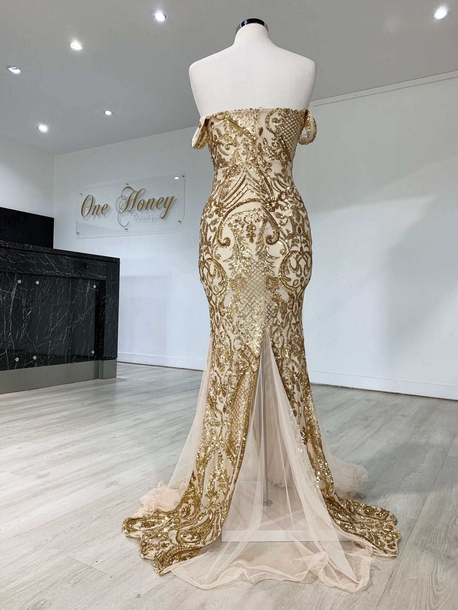 Honey Couture KIMBERLEY Gold Sequin Off Shoulder Formal Dress in Australia | One Honey Boutique