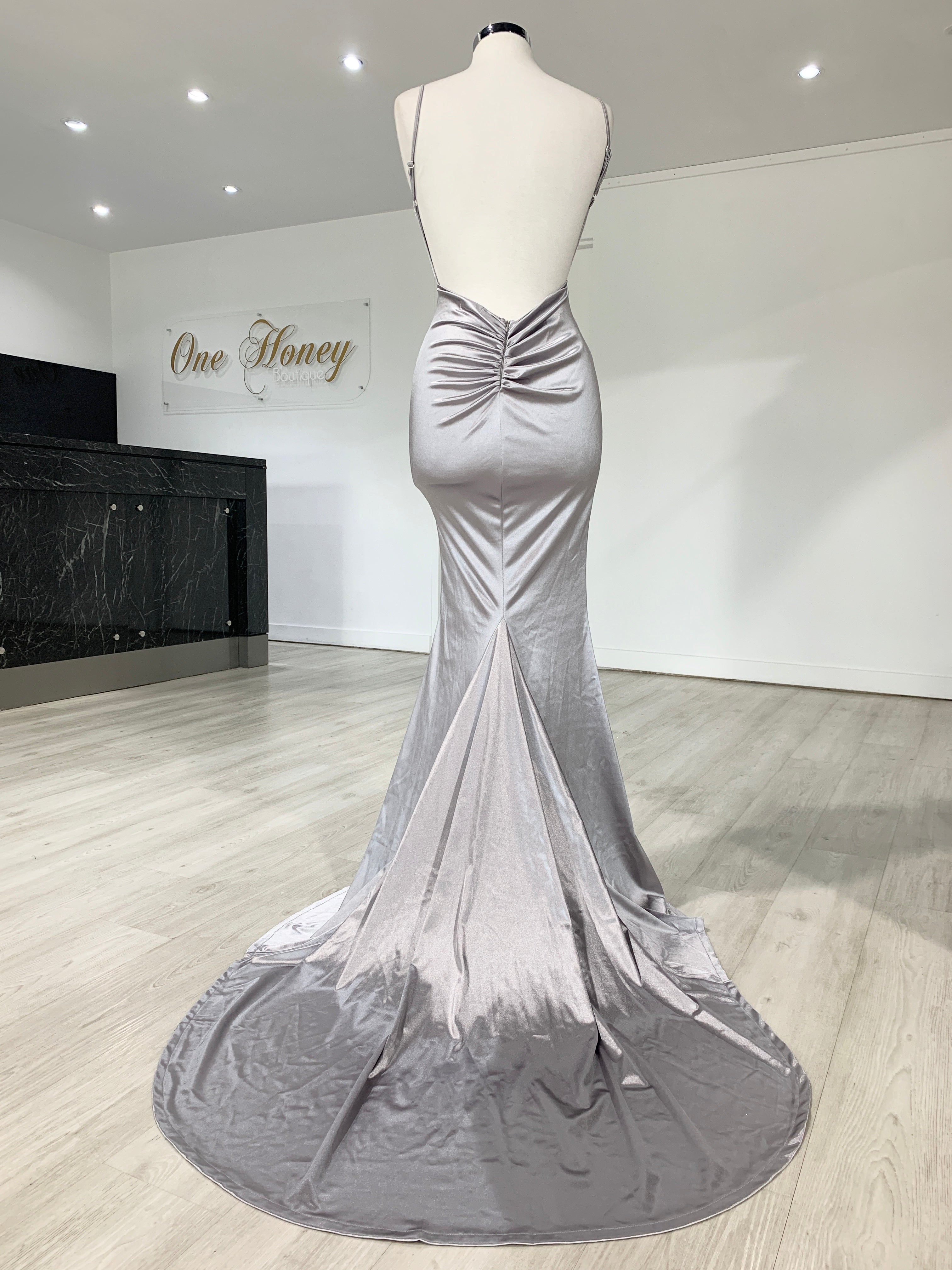 Honey Couture MILEE Silver Grey Low Back Mermaid Evening Gown Dress {vendor} AfterPay Humm ZipPay LayBuy Sezzle