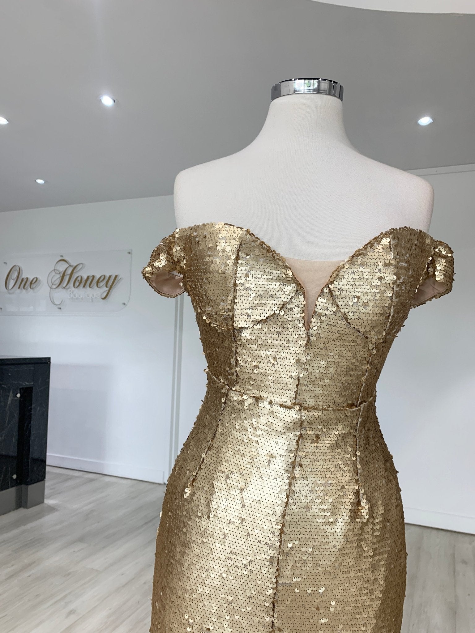 Honey Couture CONTESSA Gold Sequin Off Shoulder Mermaid Formal Dress in Australia | One Honey Boutique