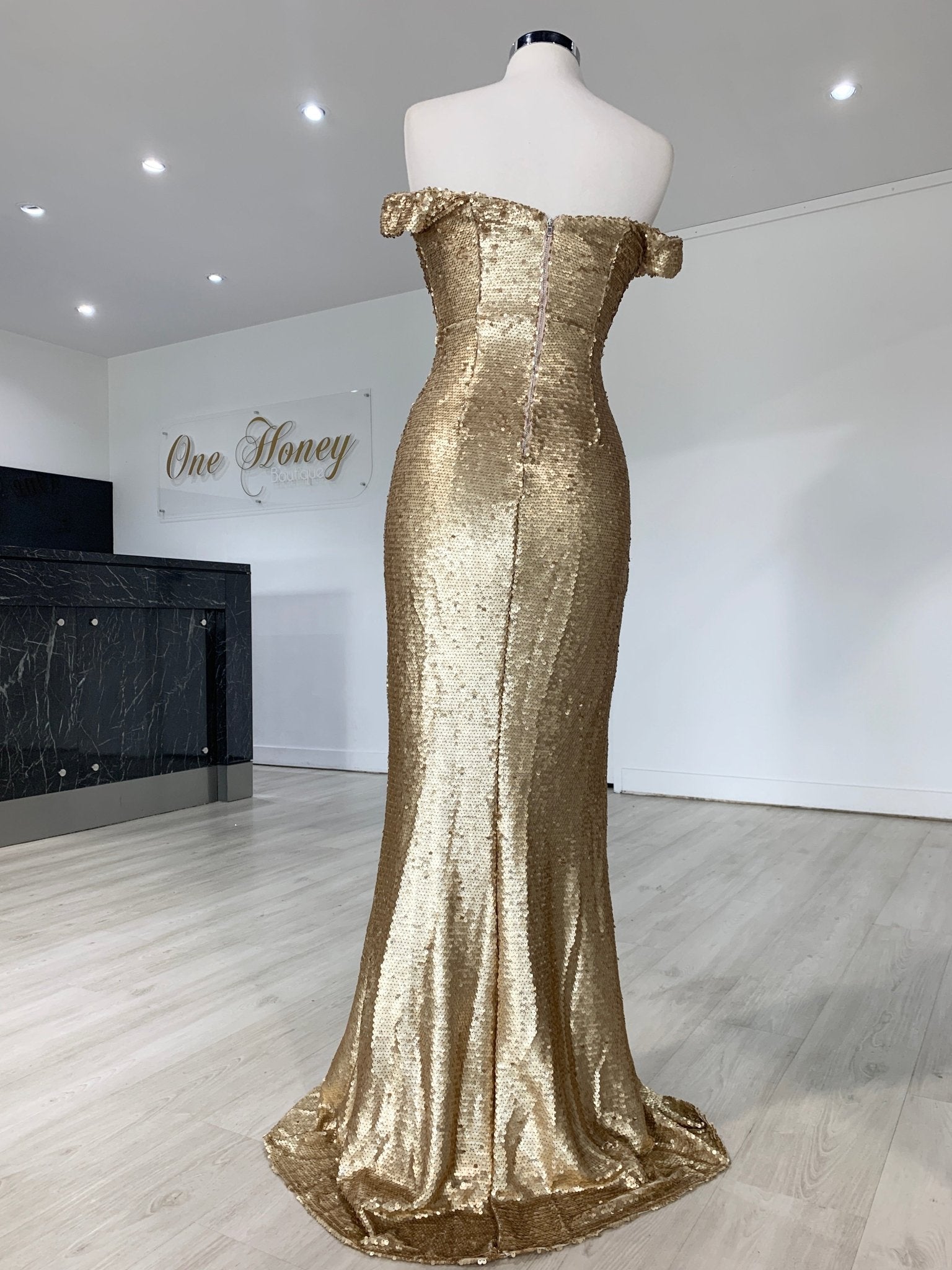 Honey Couture CONTESSA Gold Sequin Off Shoulder Mermaid Formal Dress in Australia | One Honey Boutique