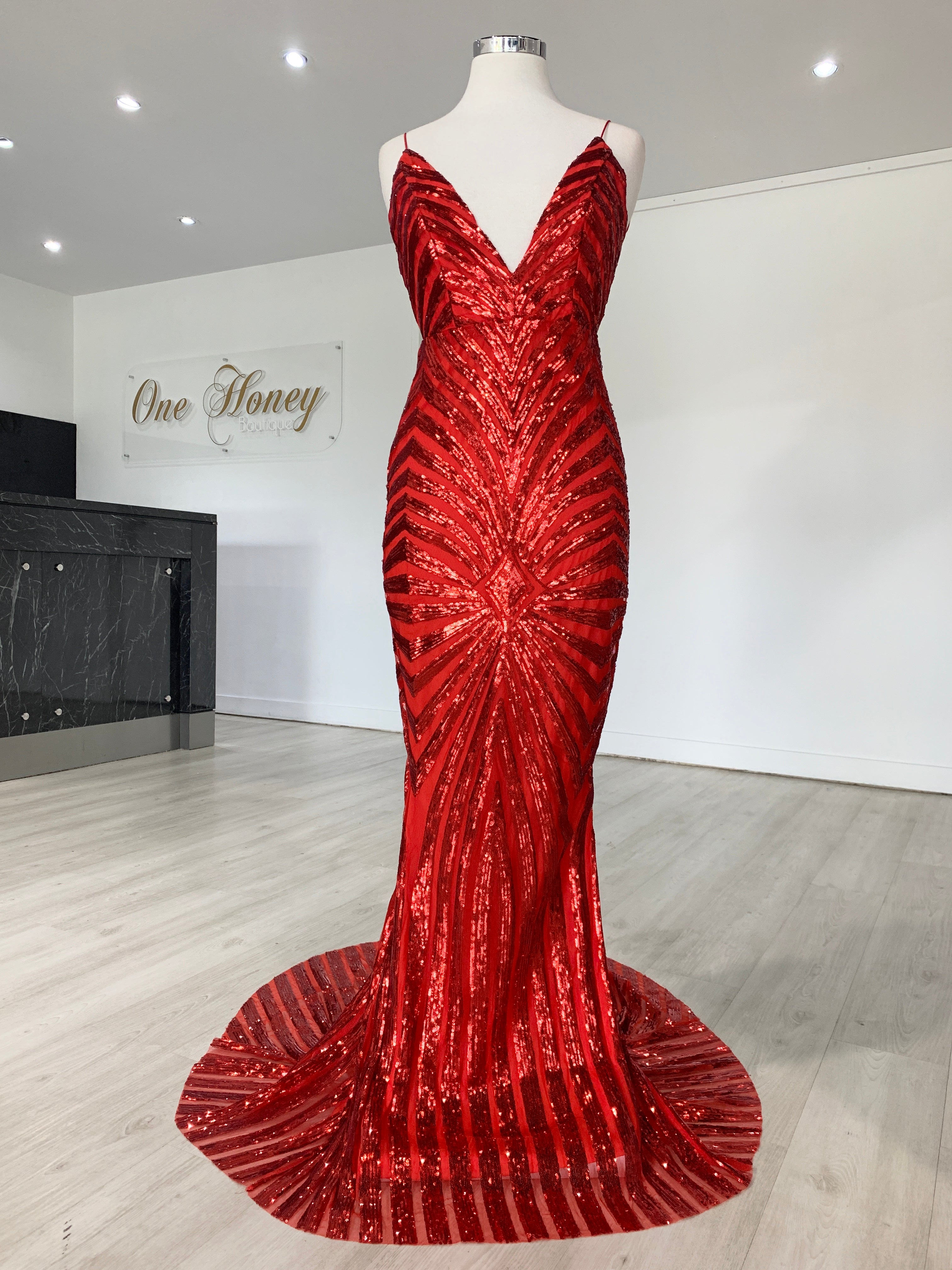 Honey Couture TILDA Red Low Back Sequin Formal Gown Dress {vendor} AfterPay Humm ZipPay LayBuy Sezzle
