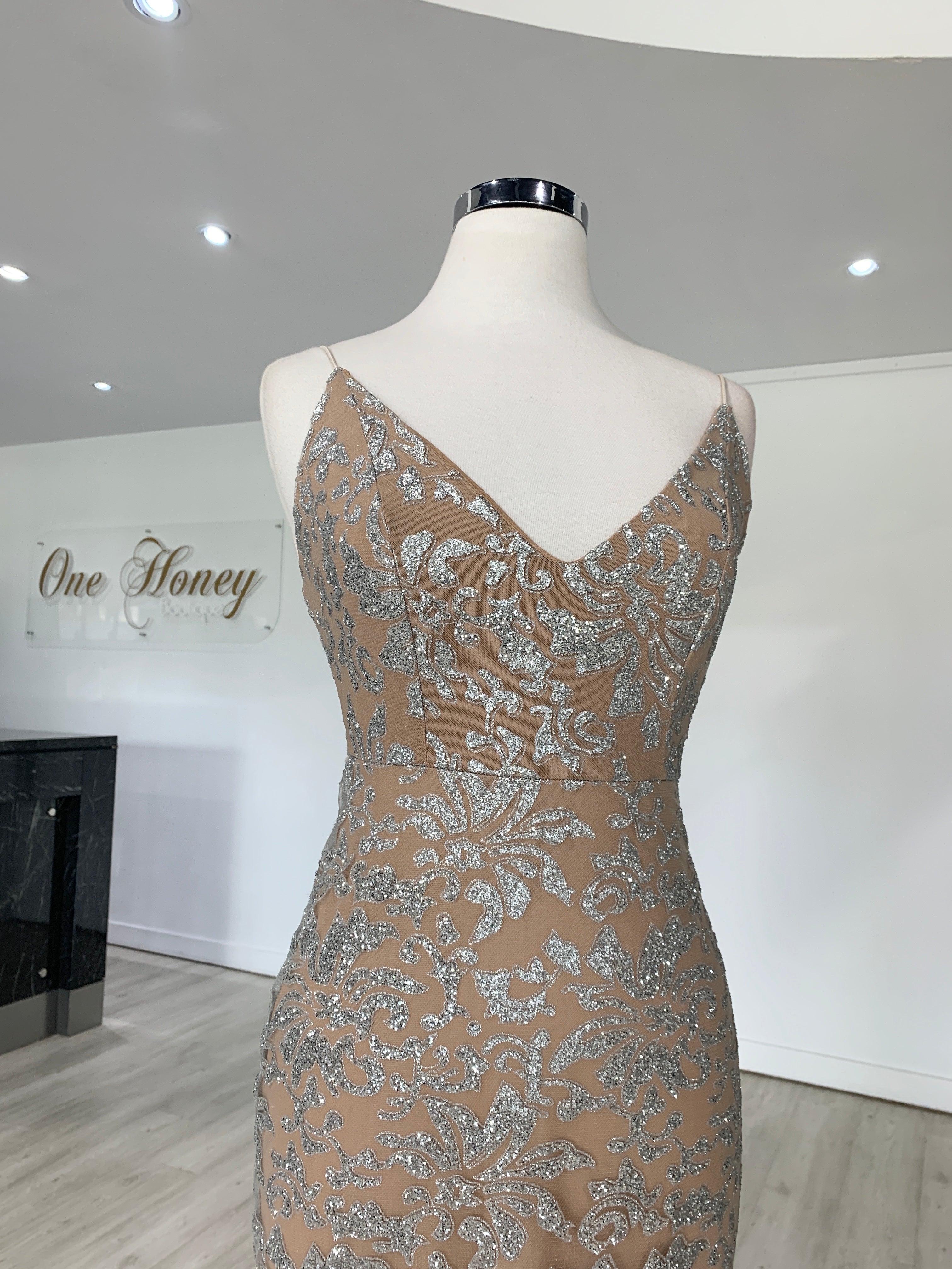 Honey Couture GRETA Silver/Nude Lace &amp; Glitter Overlay Mermaid Formal Gown Dress {vendor} AfterPay Humm ZipPay LayBuy Sezzle
