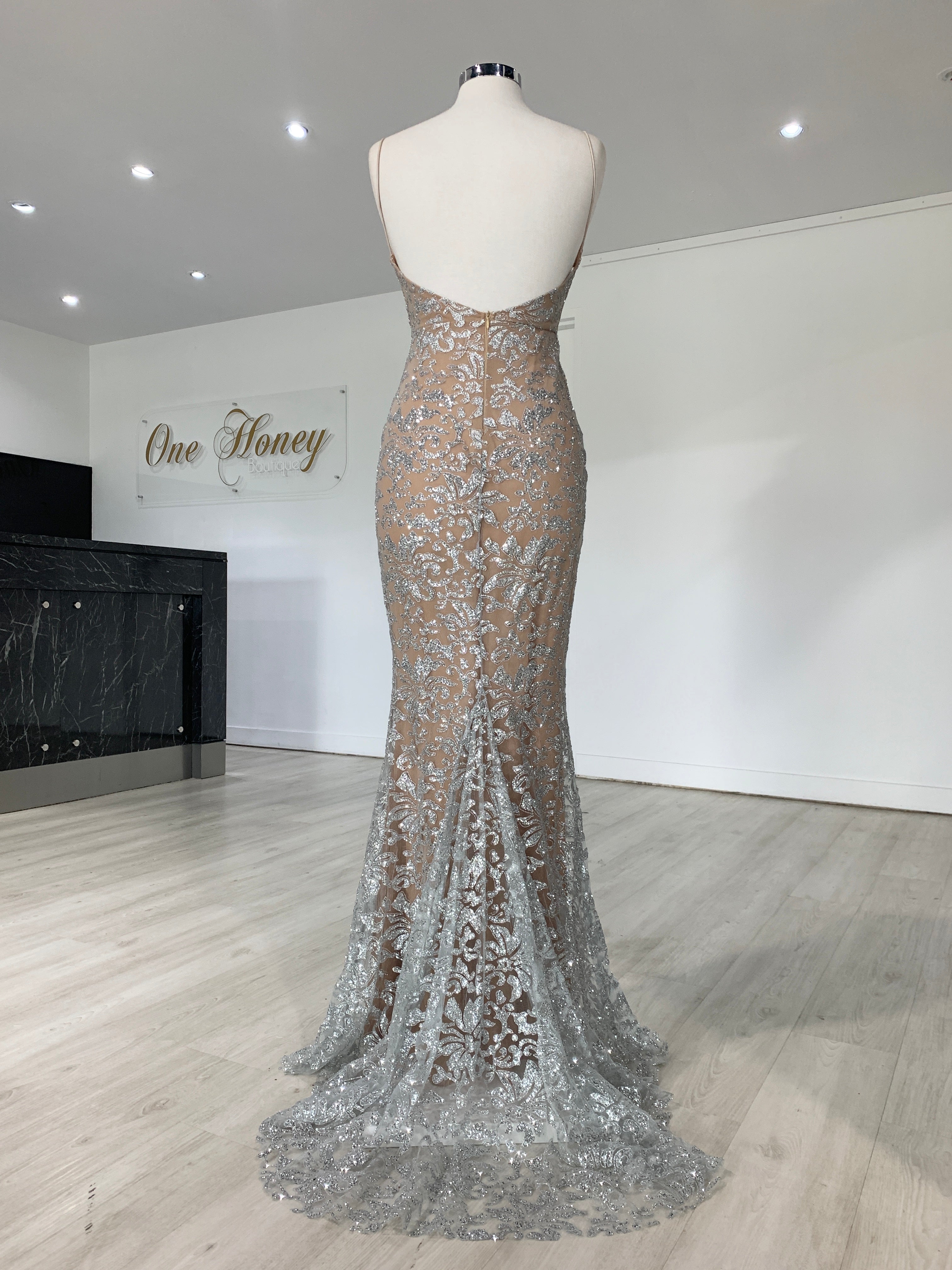 Honey Couture GRETA Silver/Nude Lace &amp; Glitter Overlay Mermaid Formal Gown Dress {vendor} AfterPay Humm ZipPay LayBuy Sezzle