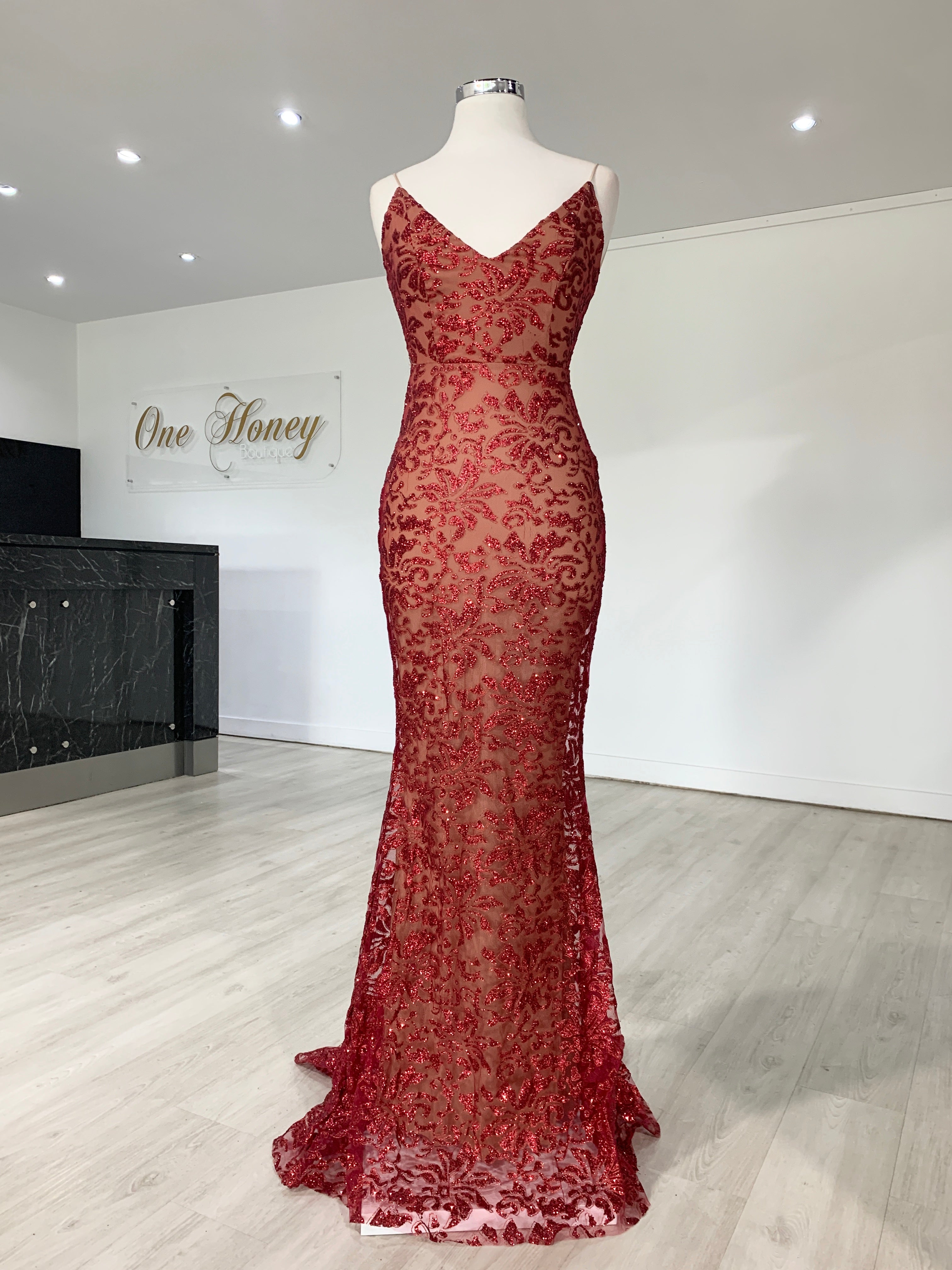 Honey Couture GRETA Red Lace &amp; Glitter Overlay Mermaid Formal Gown Dress {vendor} AfterPay Humm ZipPay LayBuy Sezzle