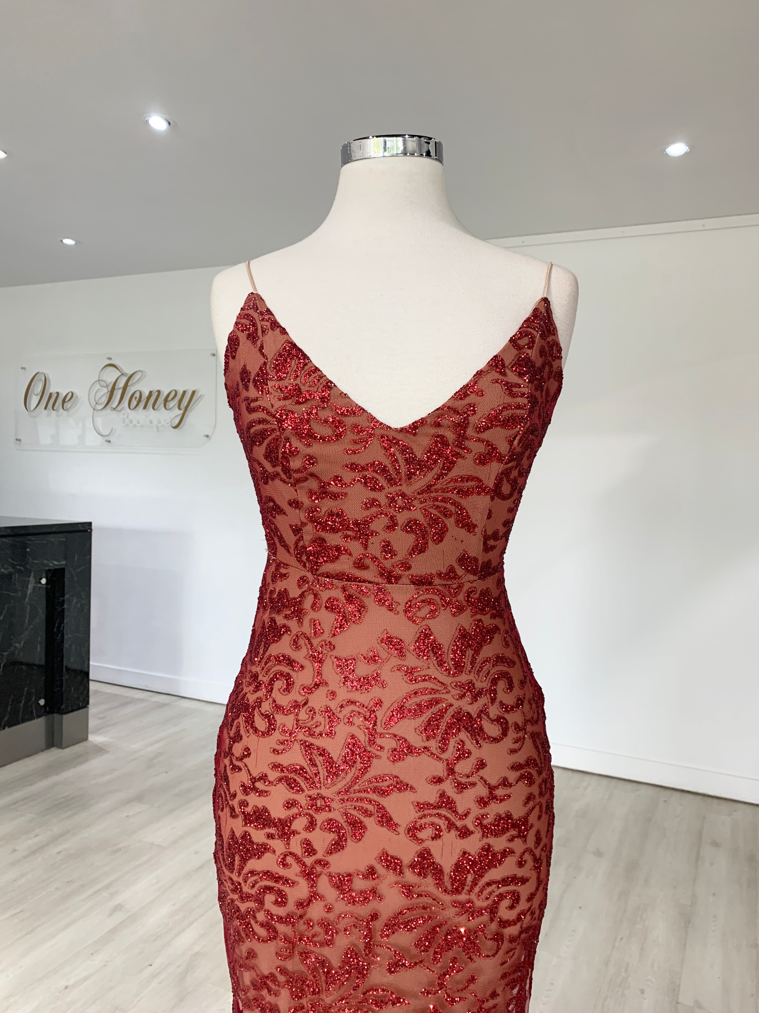 Honey Couture GRETA Red Lace &amp; Glitter Overlay Mermaid Formal Gown Dress {vendor} AfterPay Humm ZipPay LayBuy Sezzle