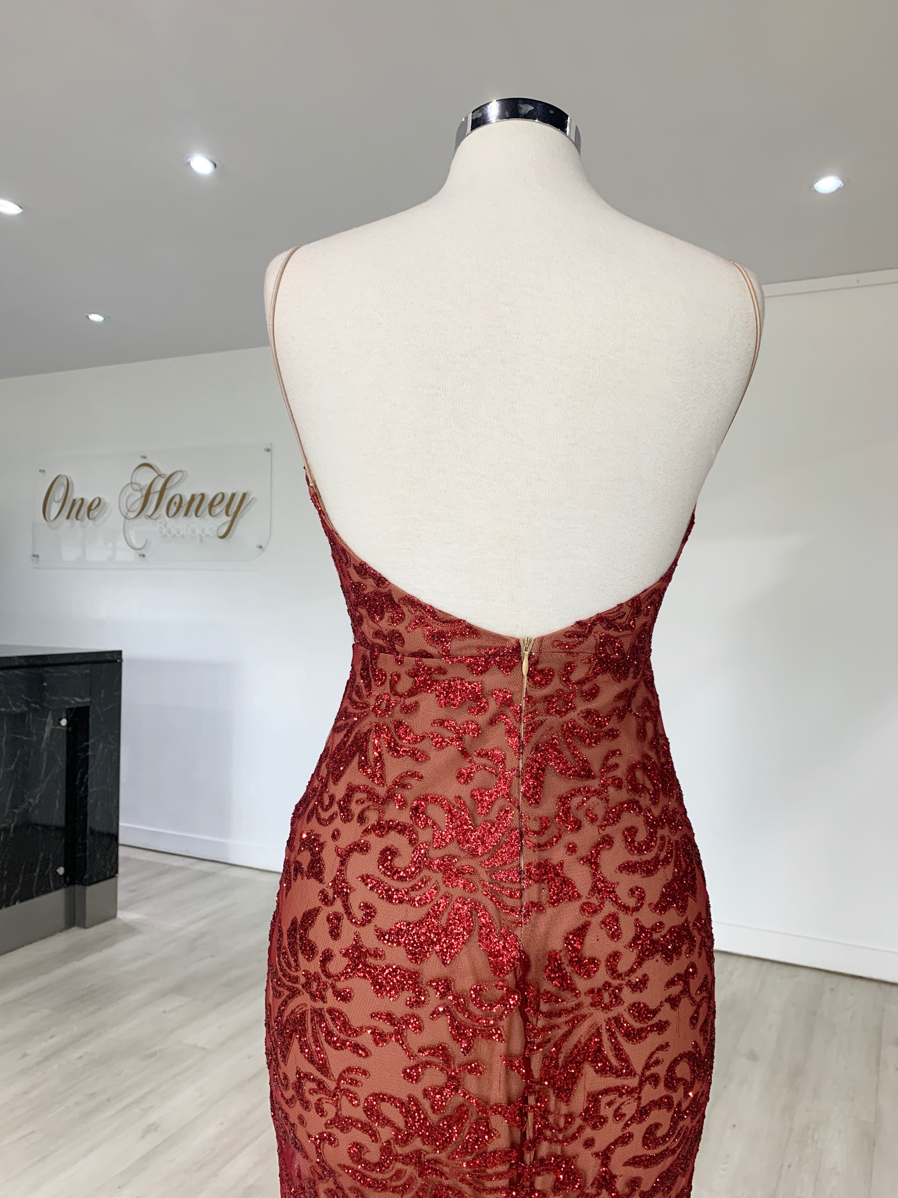 Honey Couture GRETA Red Lace &amp; Glitter Overlay Mermaid Formal Gown Dress {vendor} AfterPay Humm ZipPay LayBuy Sezzle