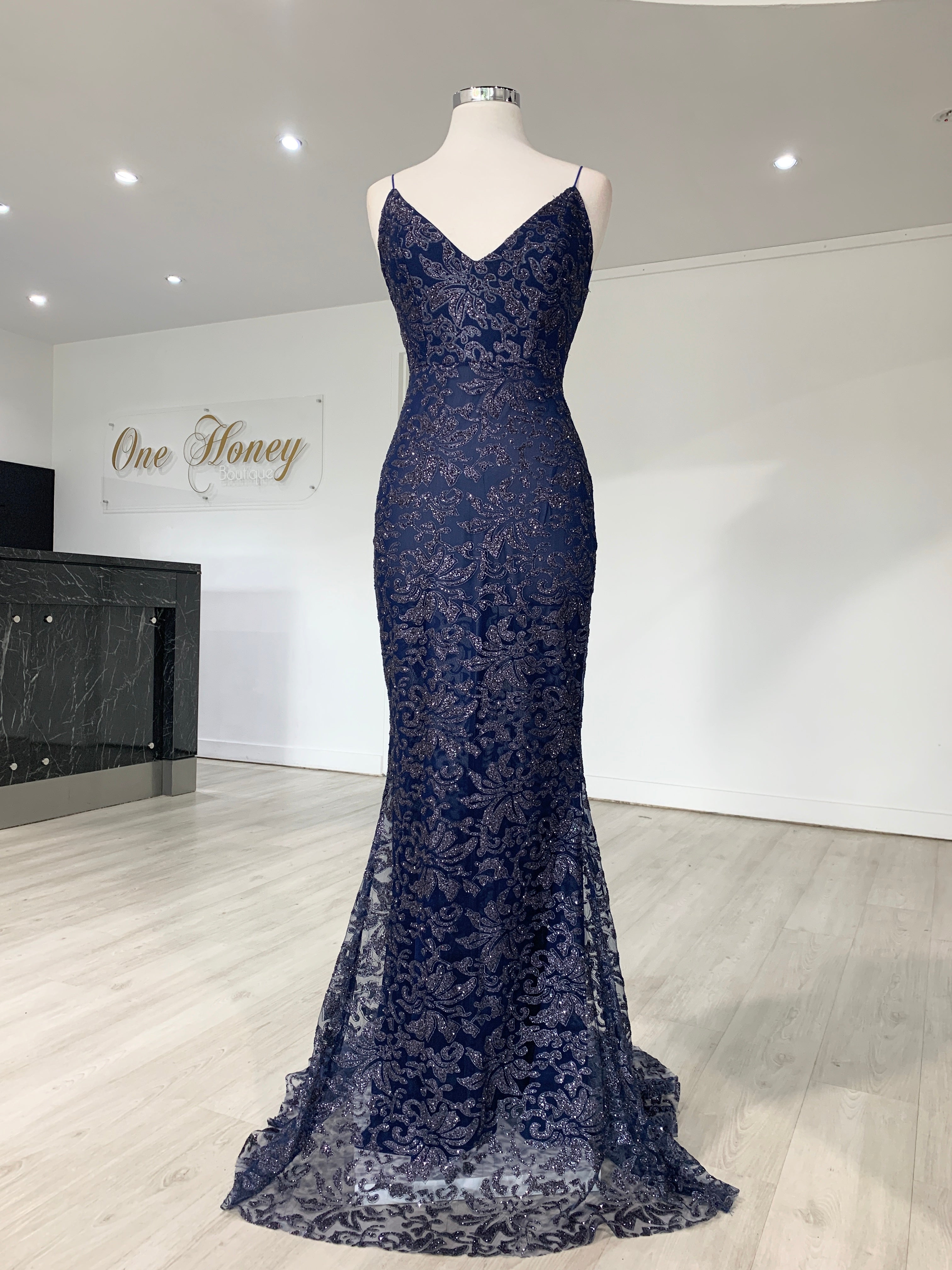 Honey Couture GRETA Blue Lace &amp; Glitter Overlay Mermaid Formal Gown Dress {vendor} AfterPay Humm ZipPay LayBuy Sezzle