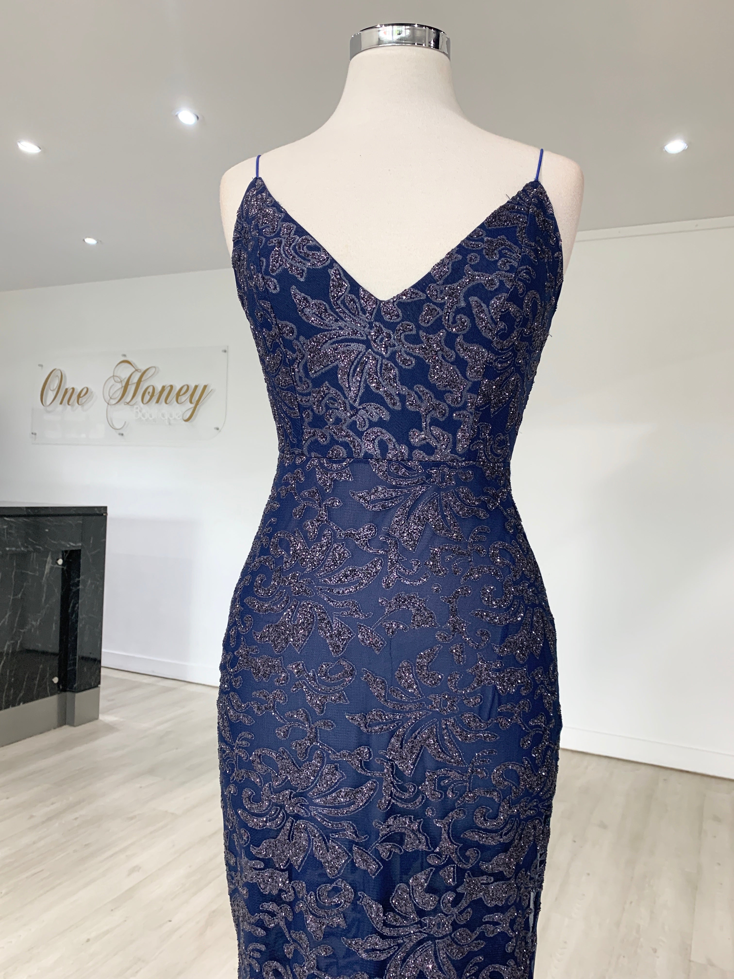 Honey Couture GRETA Blue Lace &amp; Glitter Overlay Mermaid Formal Gown Dress {vendor} AfterPay Humm ZipPay LayBuy Sezzle