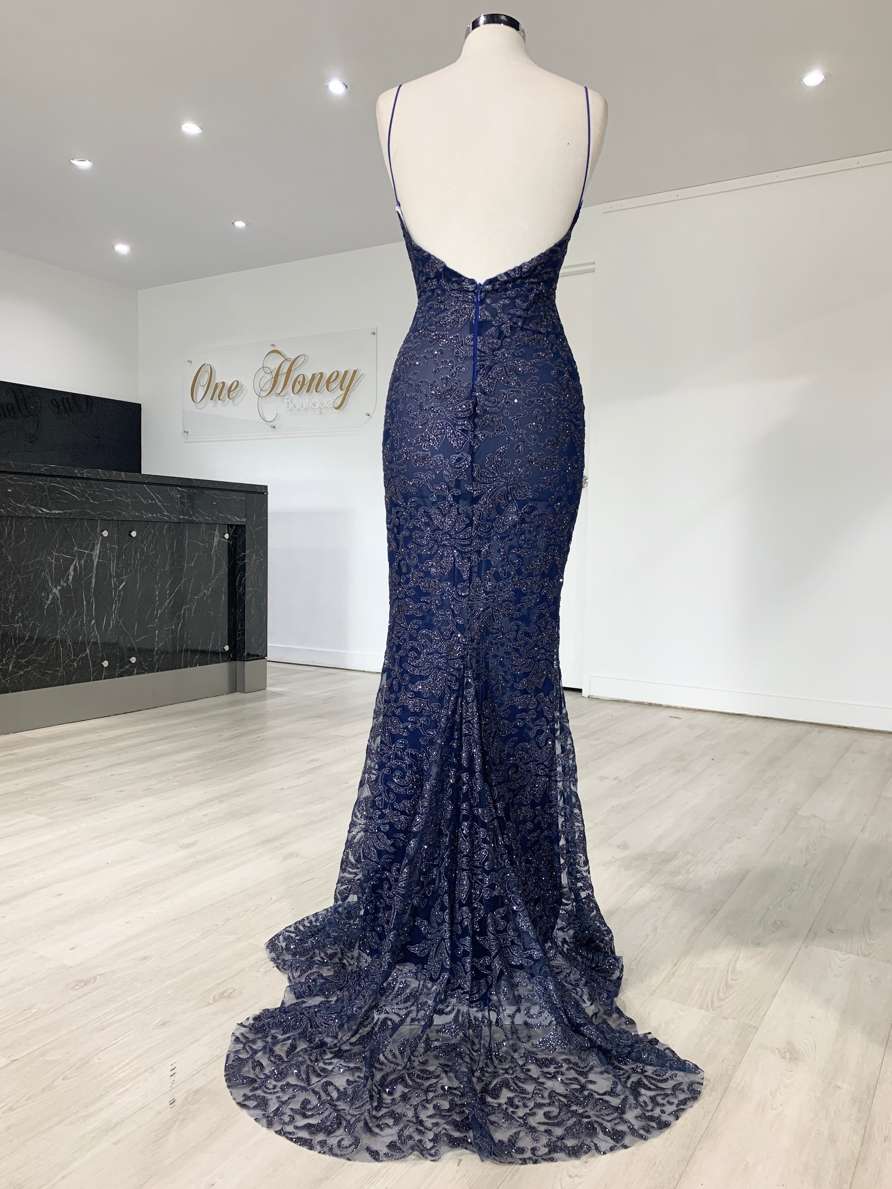 Honey Couture GRETA Blue Lace &amp; Glitter Overlay Mermaid Formal Gown Dress {vendor} AfterPay Humm ZipPay LayBuy Sezzle