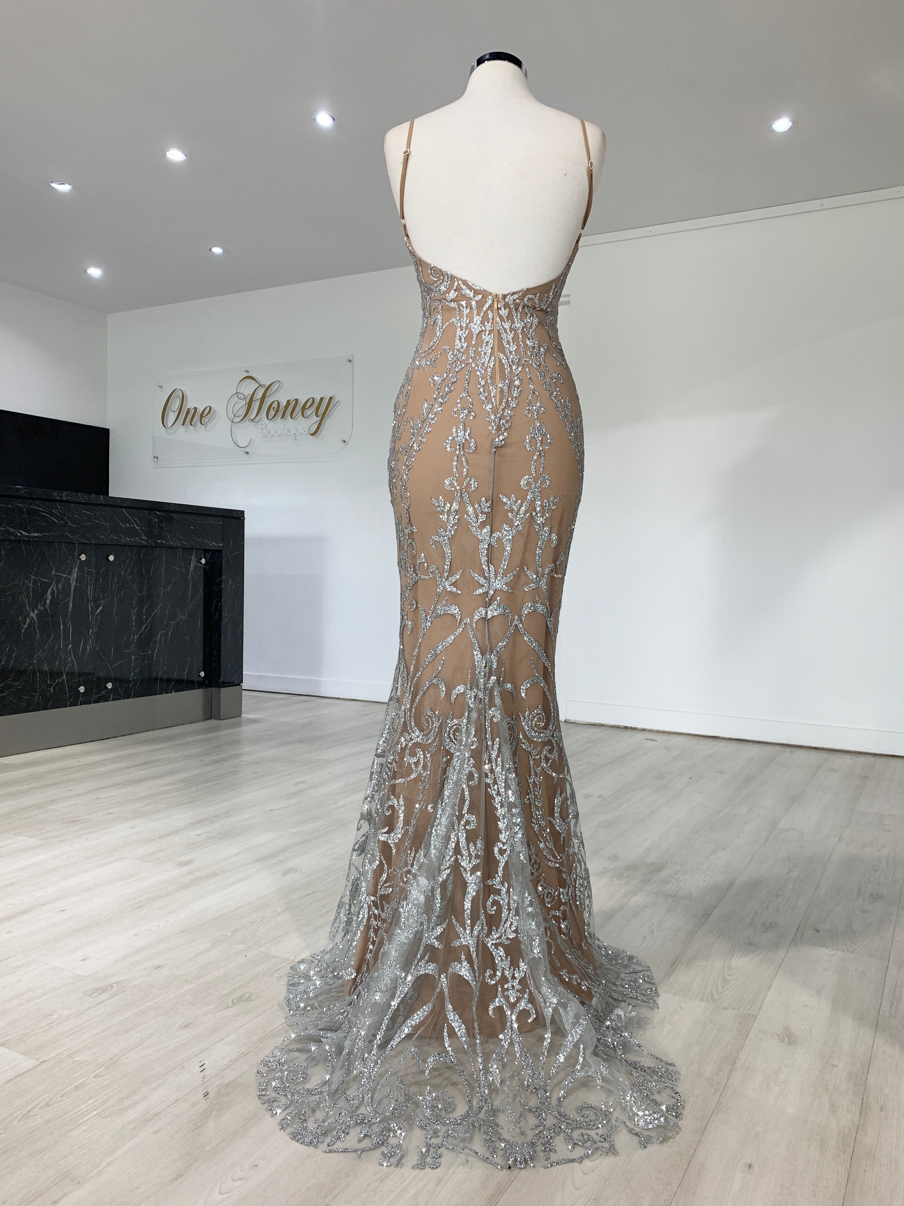 Honey Couture CLARISSA Silver/Nude Glitter Overlay Mermaid Formal Gown Dress {vendor} AfterPay Humm ZipPay LayBuy Sezzle