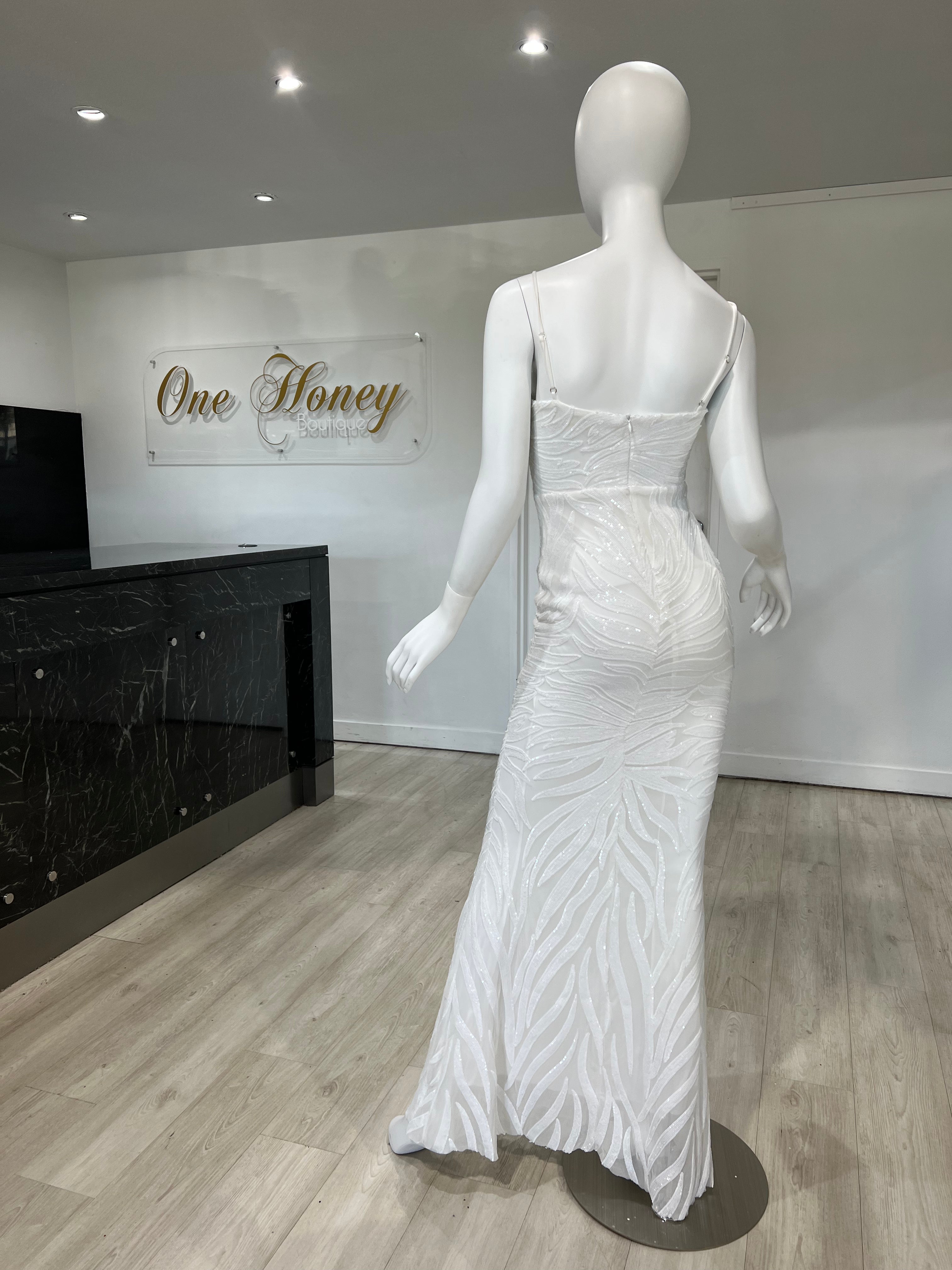 Honey Couture GENENE Off White Thin Strap Sequin Formal Dress