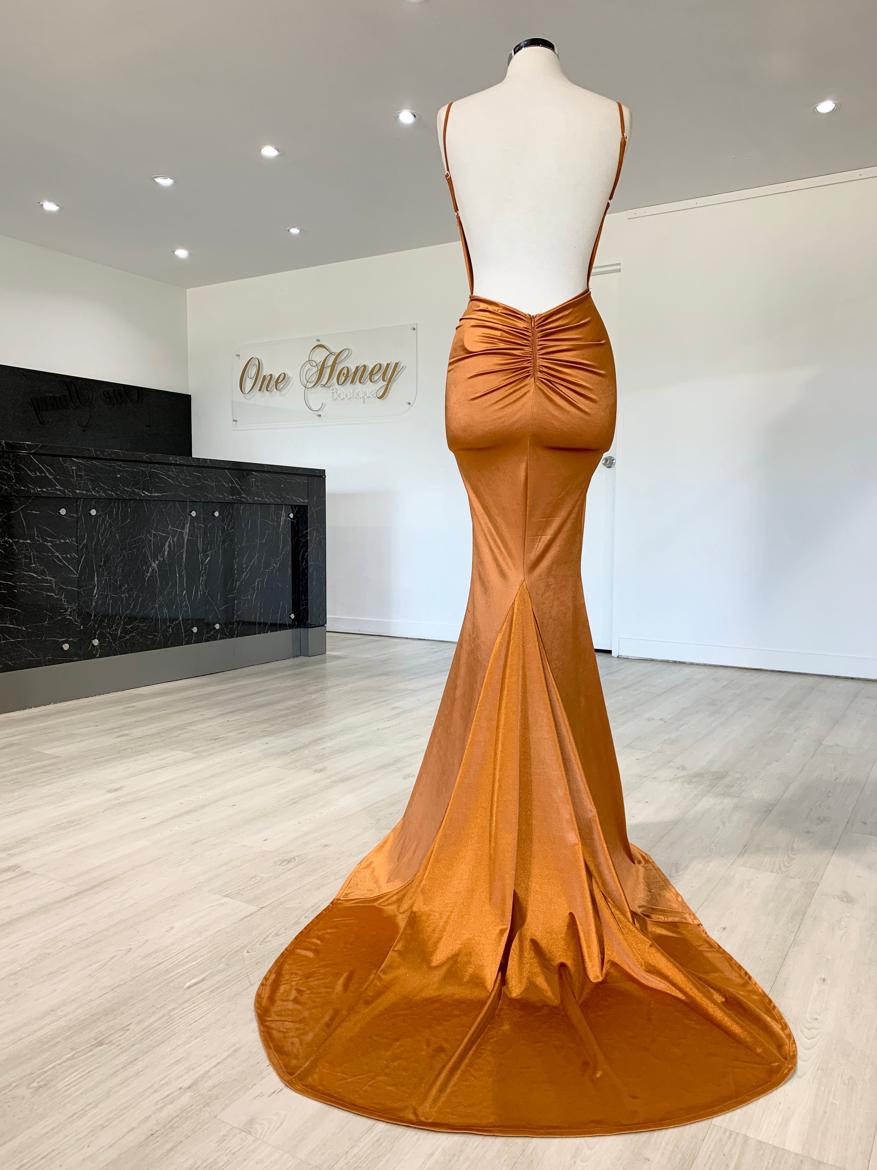 Honey Couture MILEE Burnt Orange Low Back Mermaid Evening Gown Dress {vendor} AfterPay Humm ZipPay LayBuy Sezzle