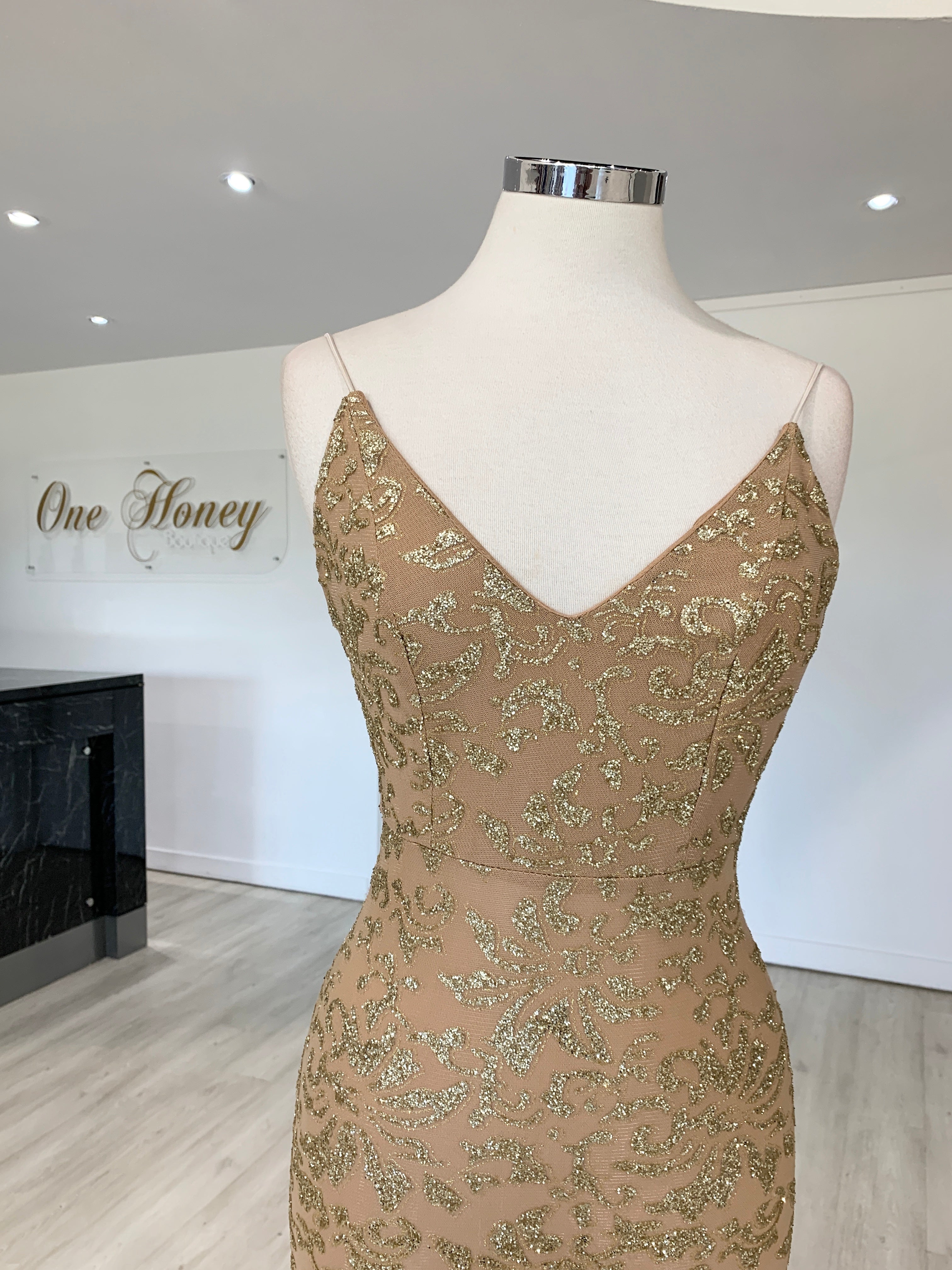 Honey Couture GRETA Gold Lace &amp; Glitter Overlay Mermaid Formal Gown Dress {vendor} AfterPay Humm ZipPay LayBuy Sezzle
