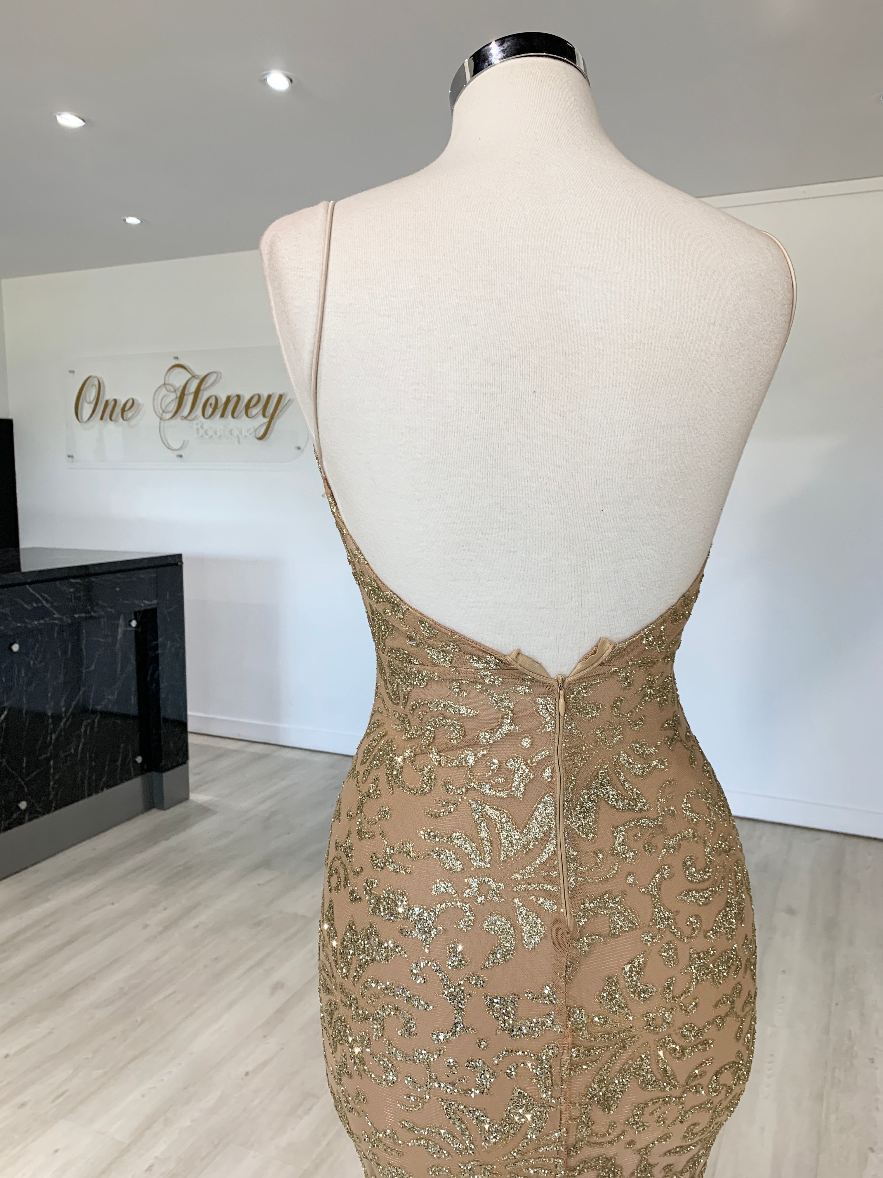 Honey Couture GRETA Gold Lace &amp; Glitter Overlay Mermaid Formal Gown Dress {vendor} AfterPay Humm ZipPay LayBuy Sezzle