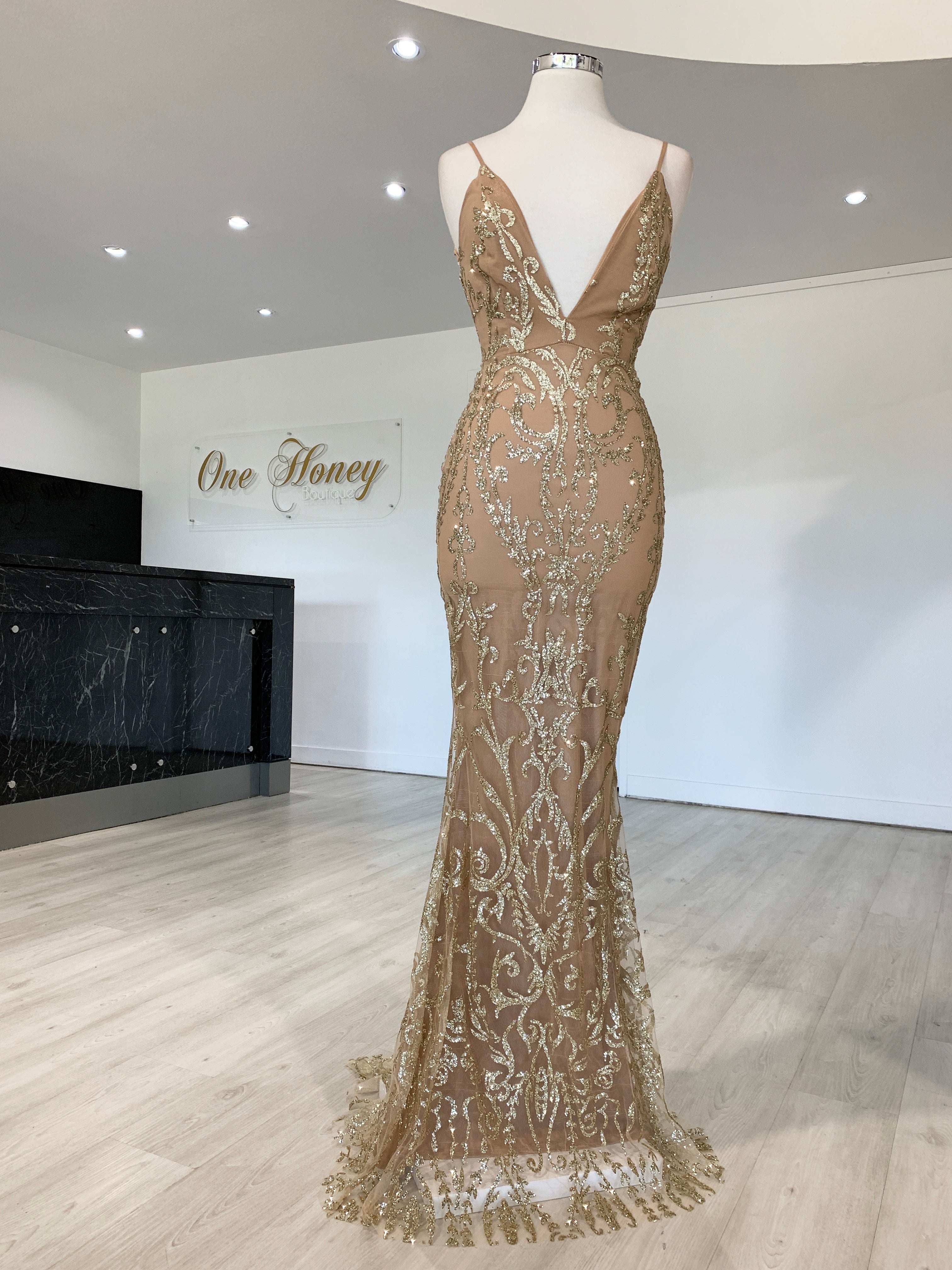 Honey Couture CLARISSA Gold Glitter Overlay Mermaid Formal Gown Dress {vendor} AfterPay Humm ZipPay LayBuy Sezzle