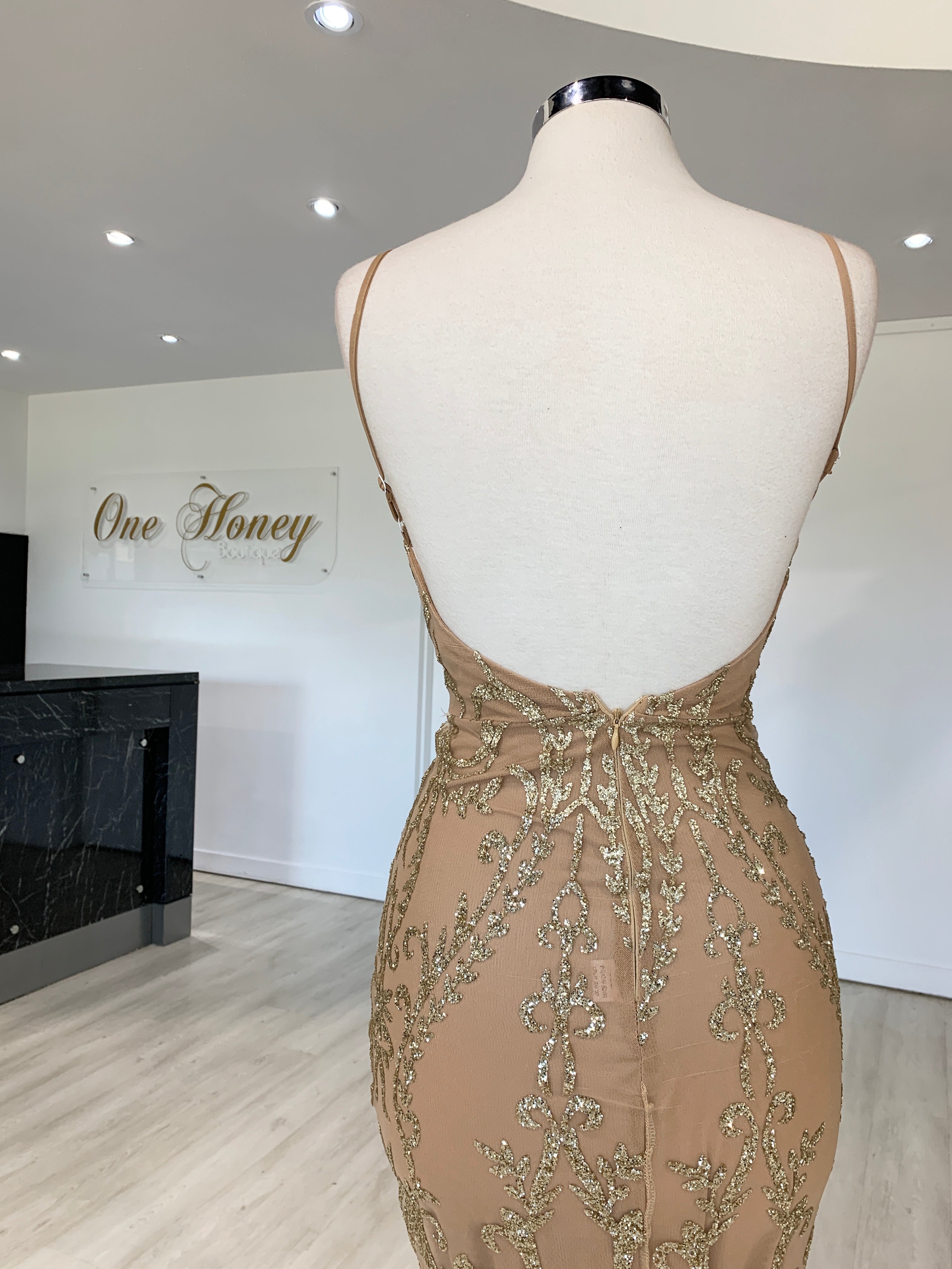 Honey Couture CLARISSA Gold Glitter Overlay Mermaid Formal Gown Dress {vendor} AfterPay Humm ZipPay LayBuy Sezzle
