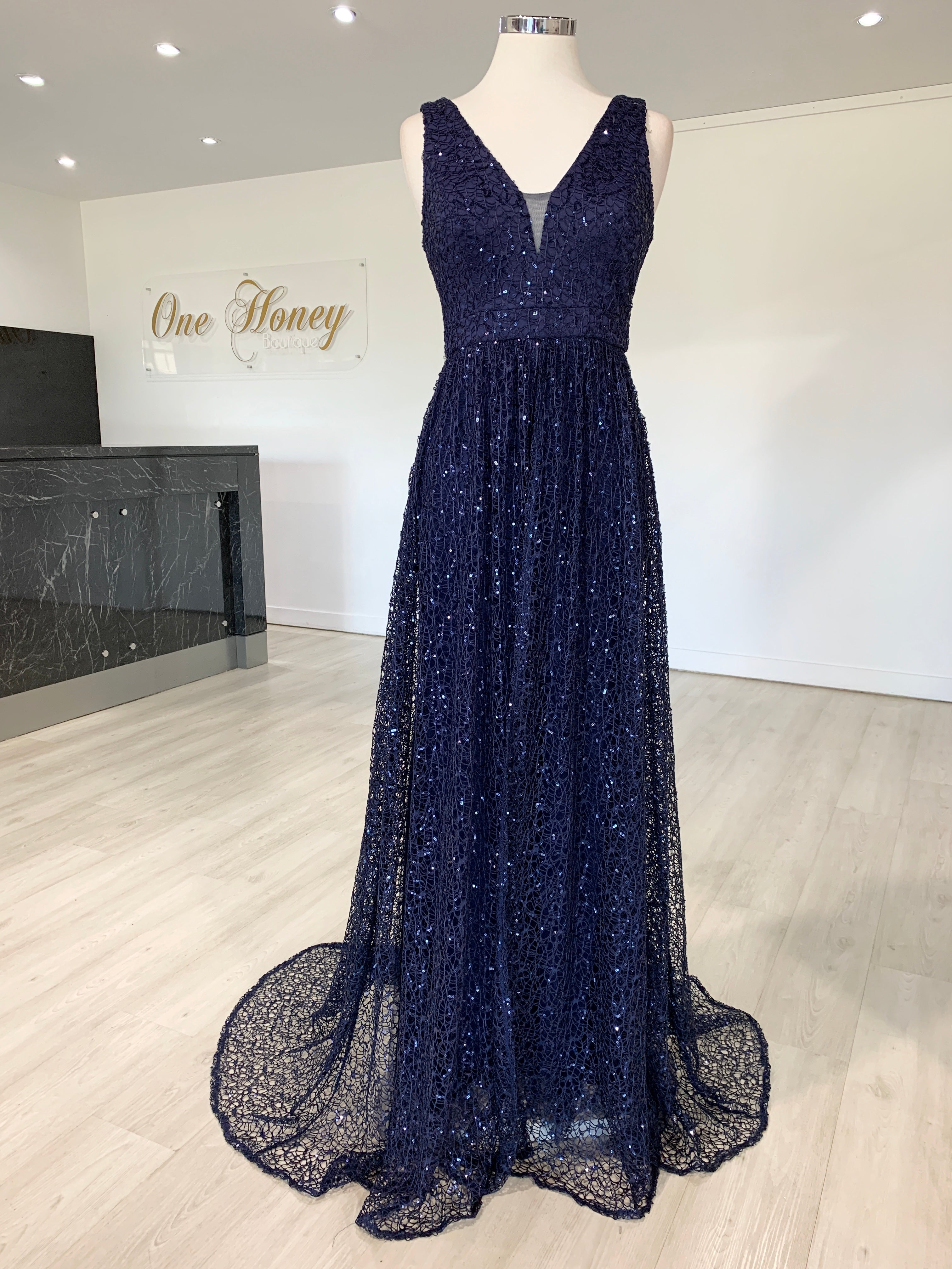 MELINA Navy Blue Sequin Glitter Knit Formal Dress