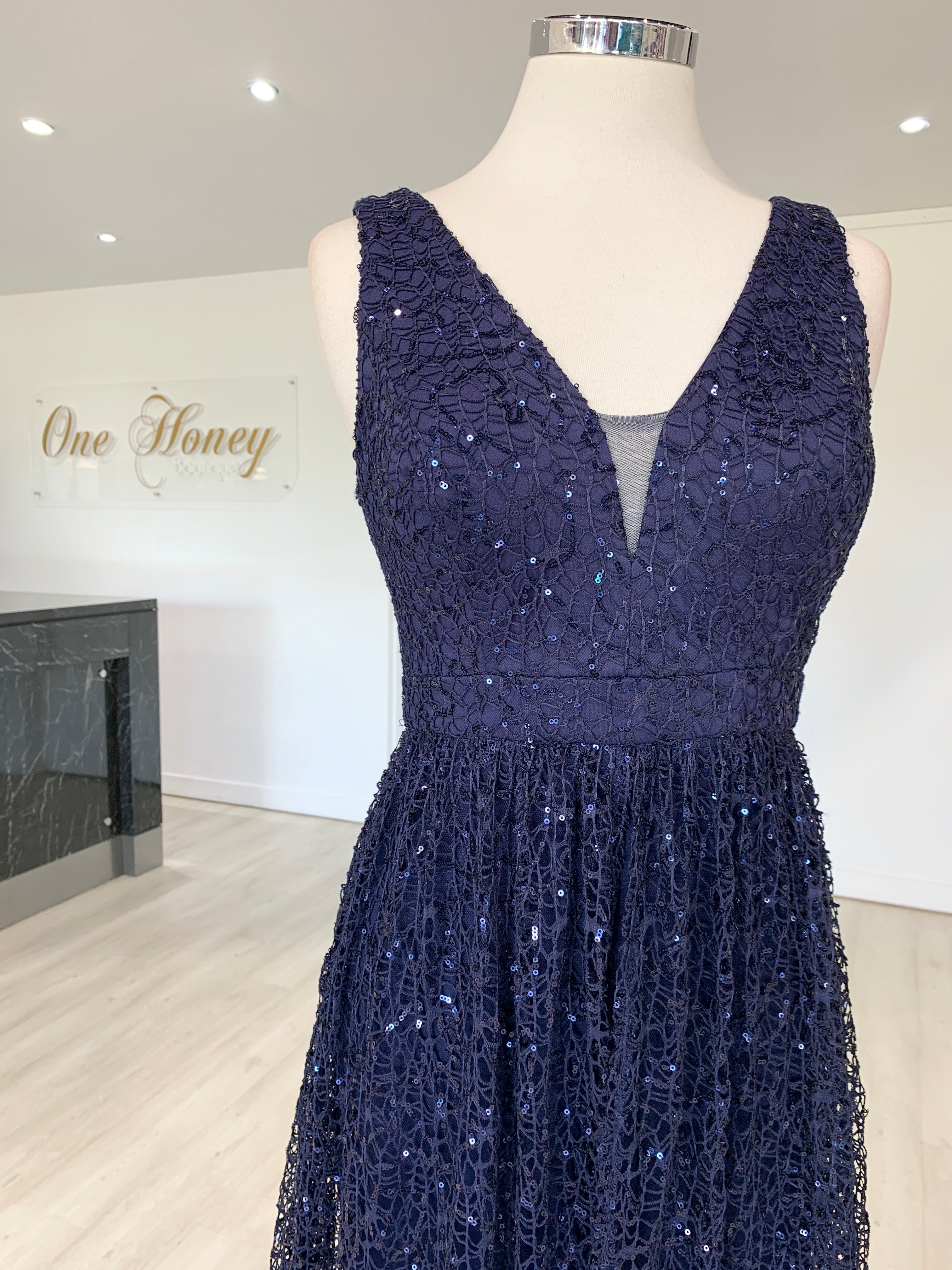 MELINA Navy Blue Sequin Glitter Knit Formal Dress {vendor} AfterPay Humm ZipPay LayBuy Sezzle