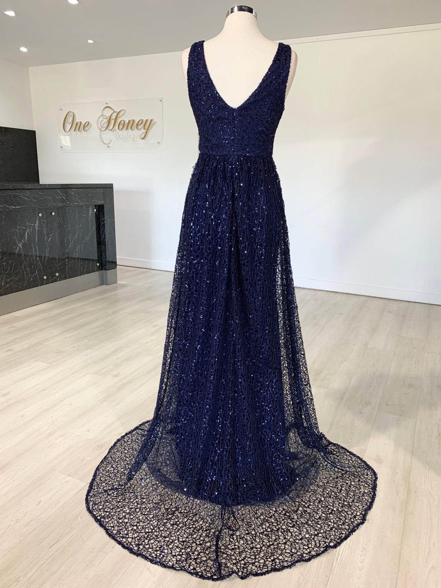MELINA Navy Blue Sequin Glitter Knit Formal Dress