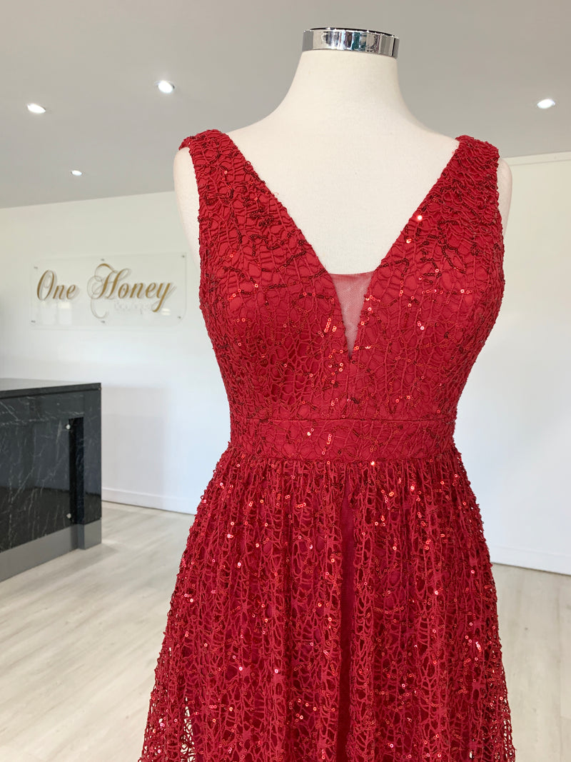 MELINA Red Blue Sequin Glitter Knit Formal Dress – One Honey