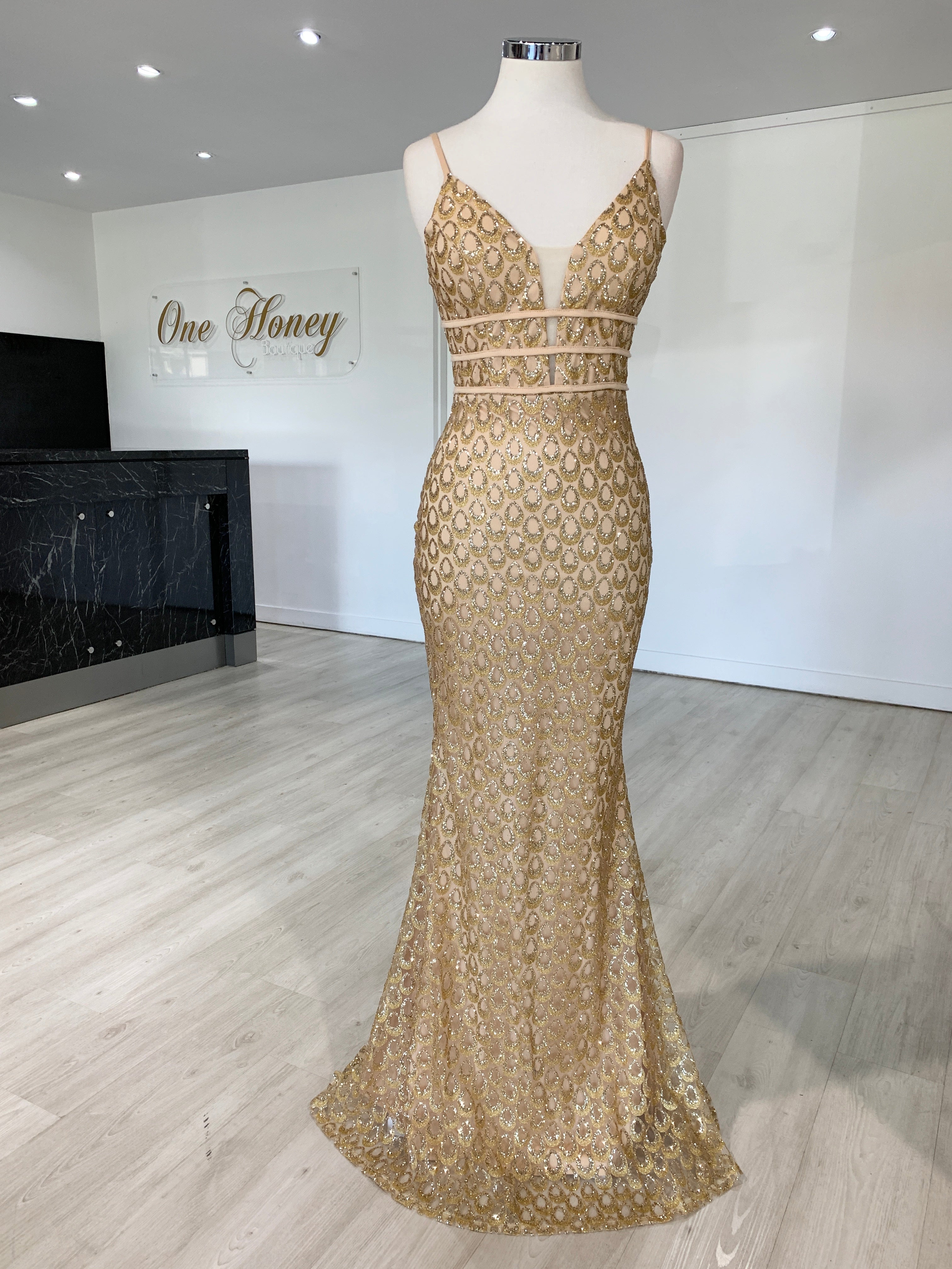 Honey Couture KARMEL Gold Glitter Formal Dress {vendor} AfterPay Humm ZipPay LayBuy Sezzle