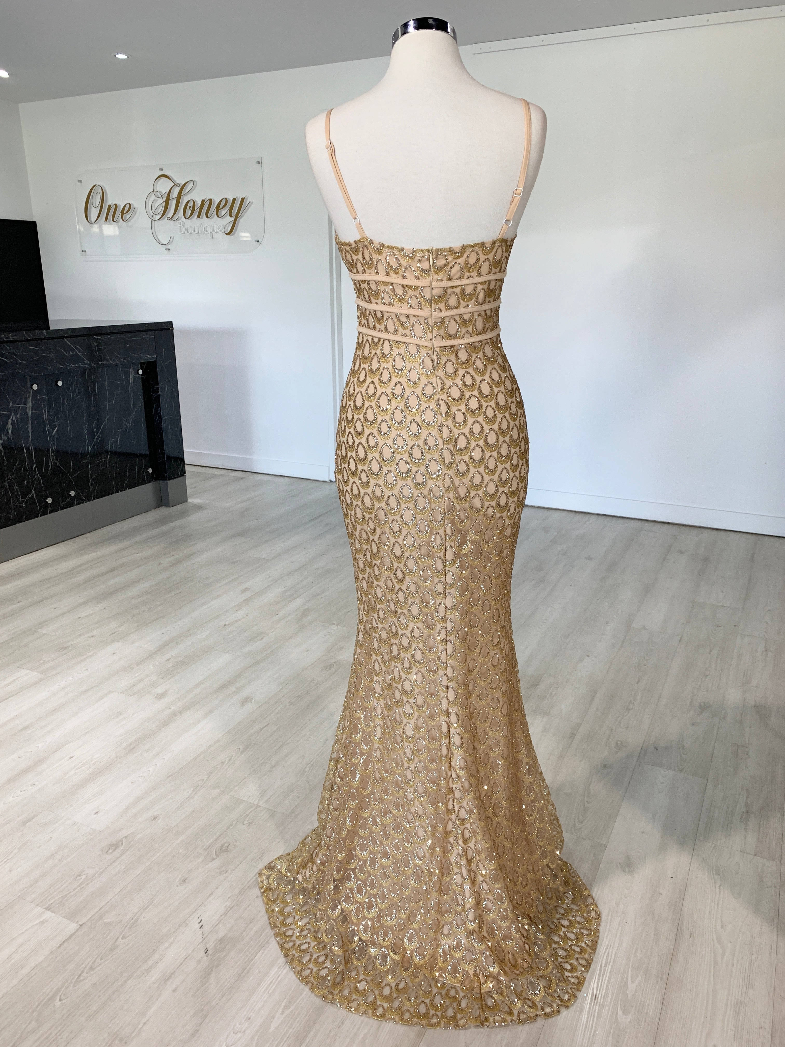 Honey Couture KARMEL Gold Glitter Formal Dress {vendor} AfterPay Humm ZipPay LayBuy Sezzle