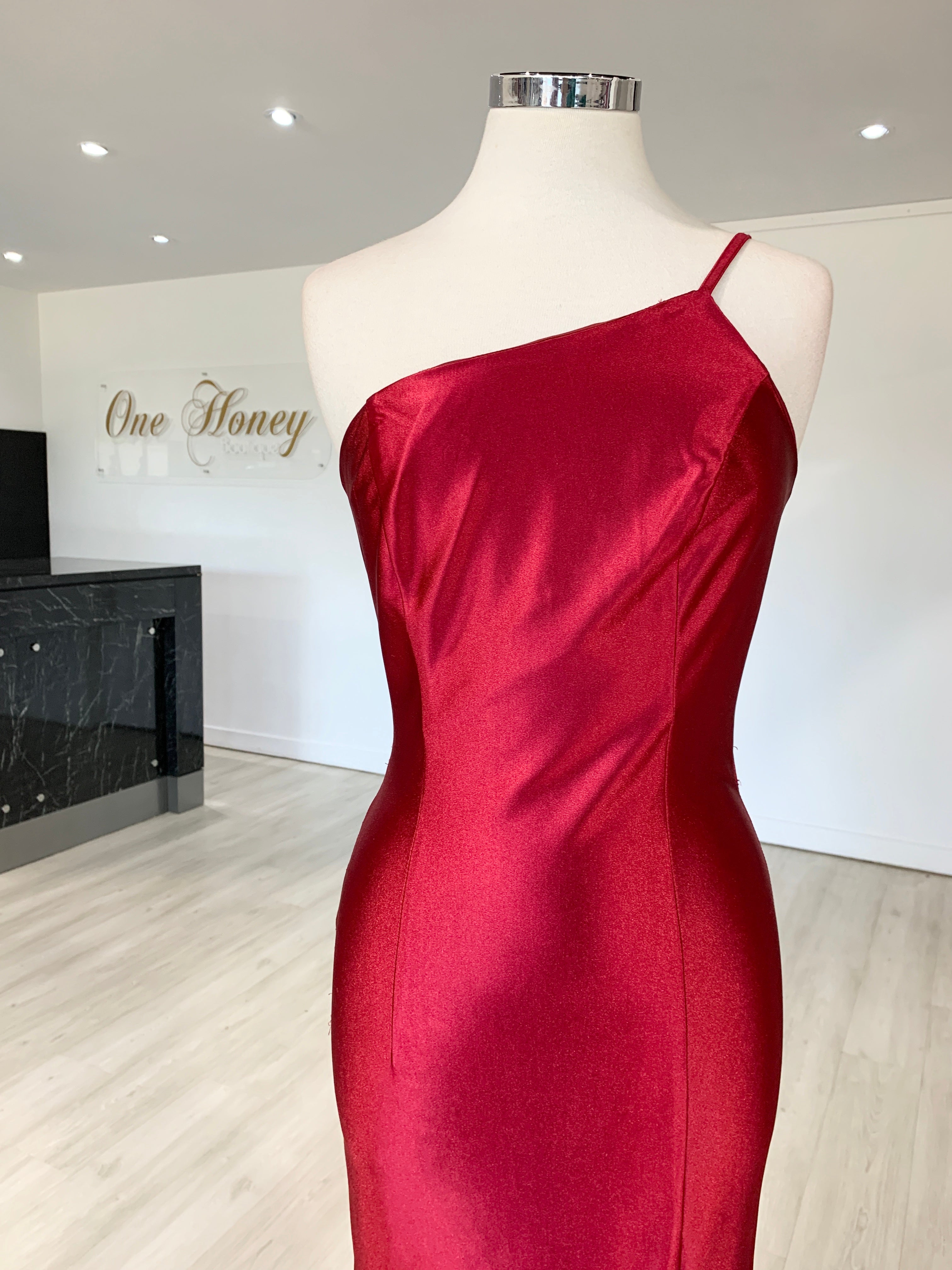 Honey Couture ANNABELL Burgundy One Shoulder Mermaid Evening Gown Dress {vendor} AfterPay Humm ZipPay LayBuy Sezzle