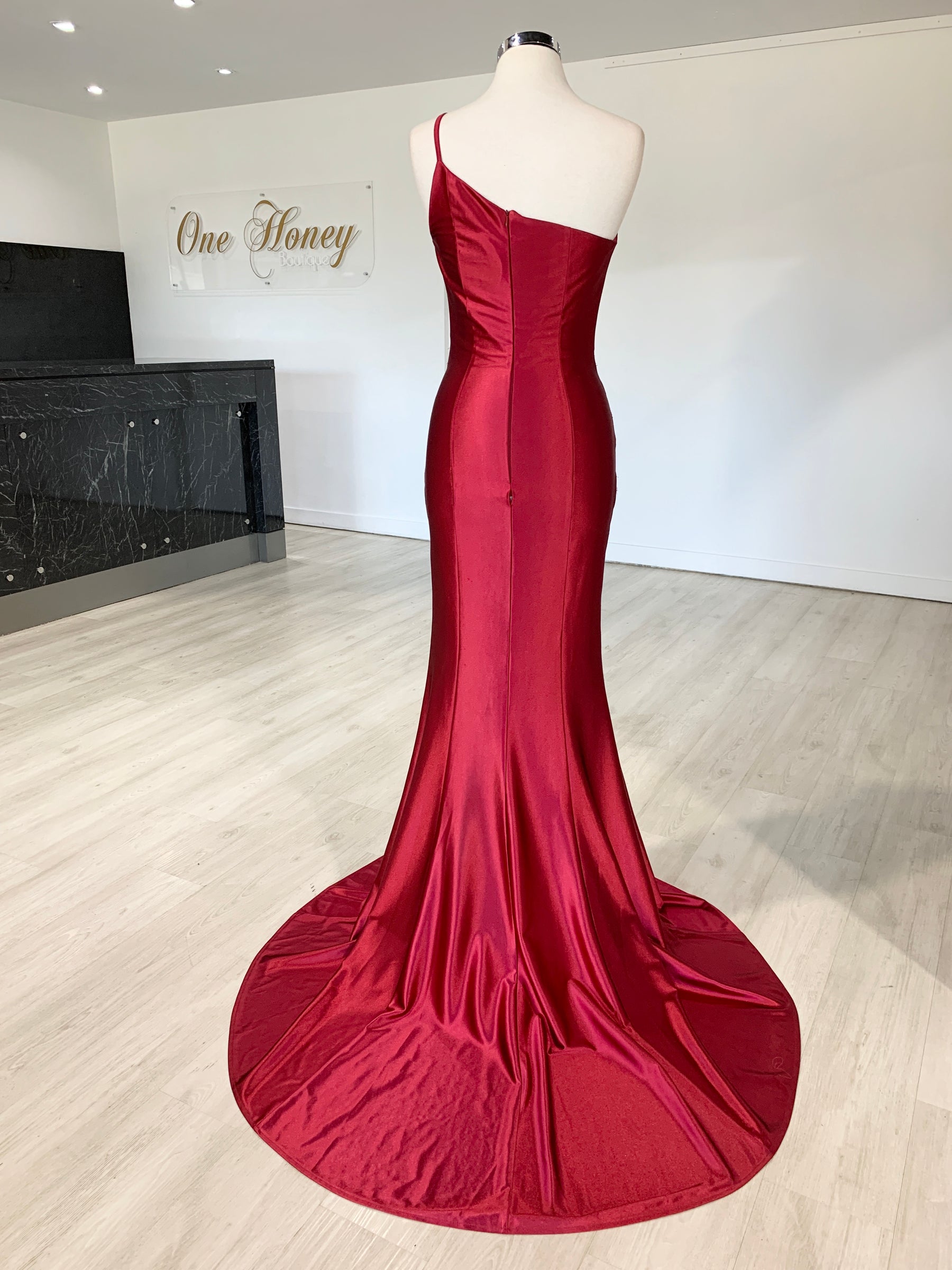 Honey Couture ANNABELL Burgundy One Shoulder Mermaid Evening Gown Dres