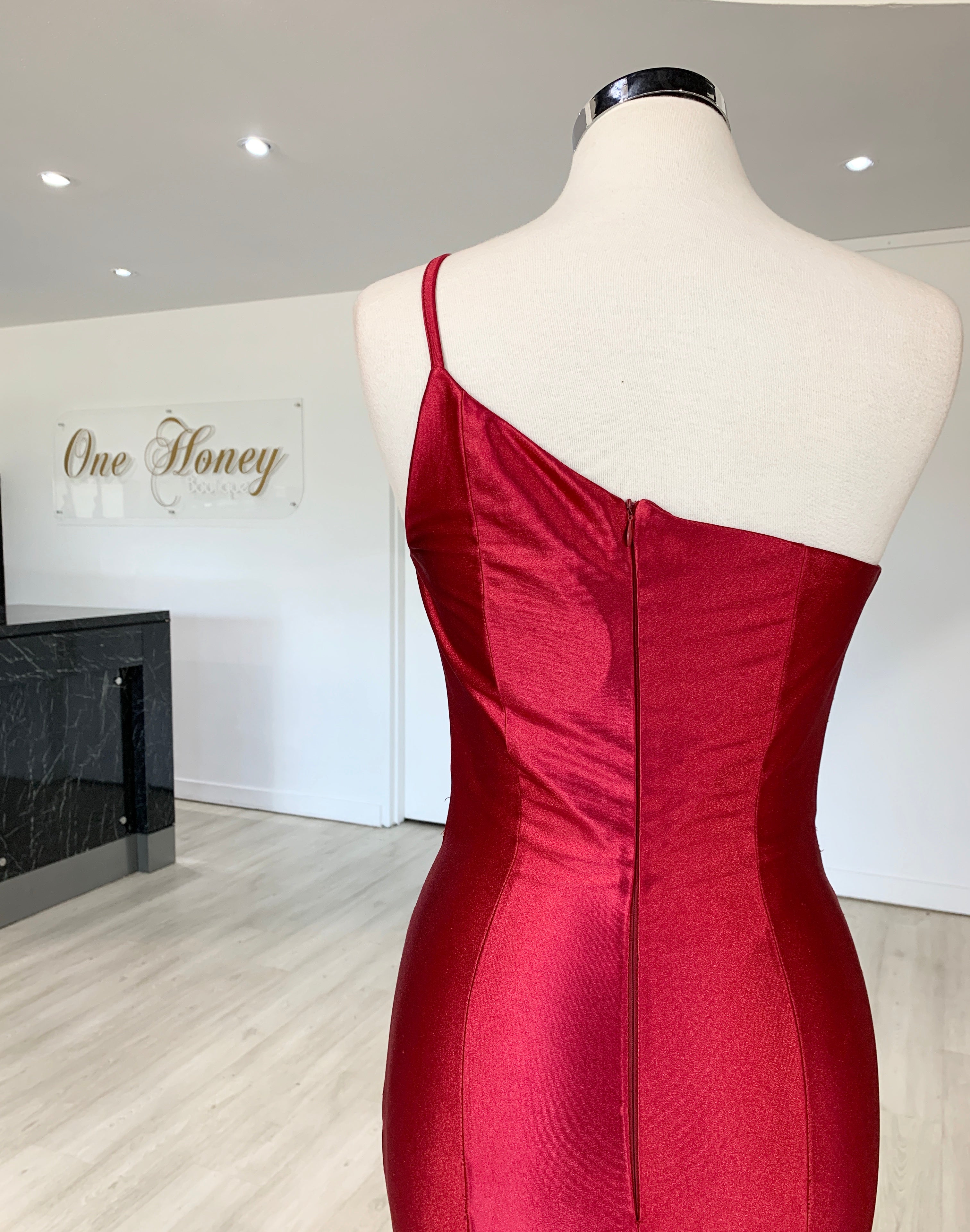 Honey Couture ANNABELL Burgundy One Shoulder Mermaid Evening Gown Dress {vendor} AfterPay Humm ZipPay LayBuy Sezzle