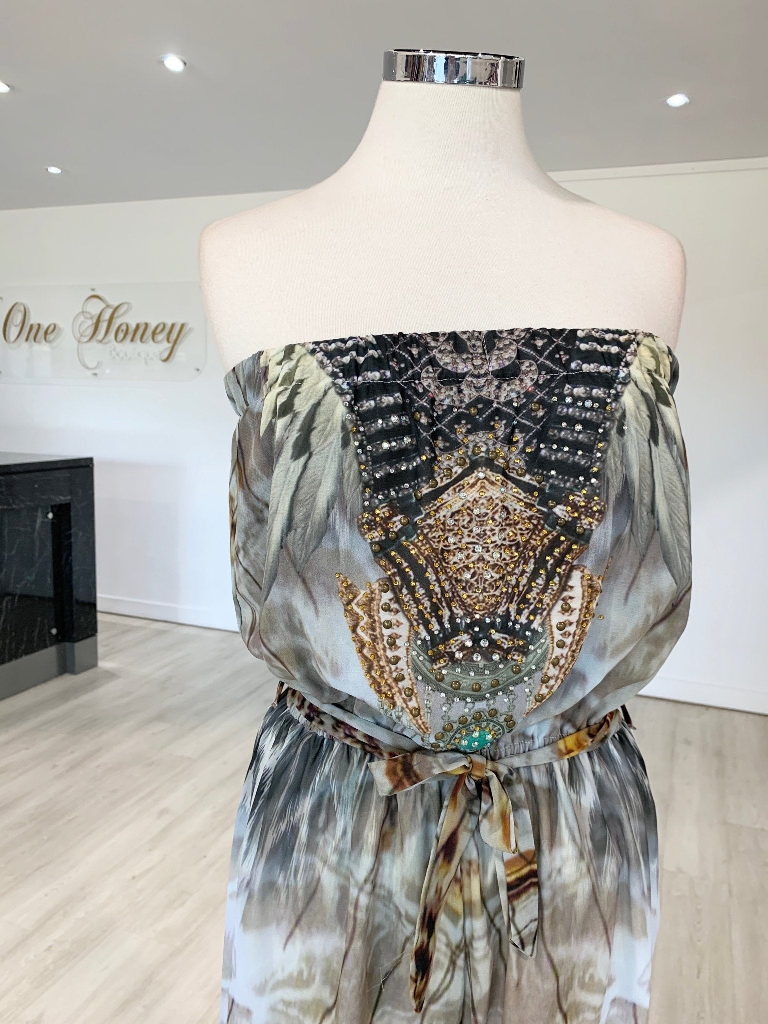 Gigi & Ella Brown Print Strapless Resort Jumpsuit Romper in Australia | One Honey Boutique