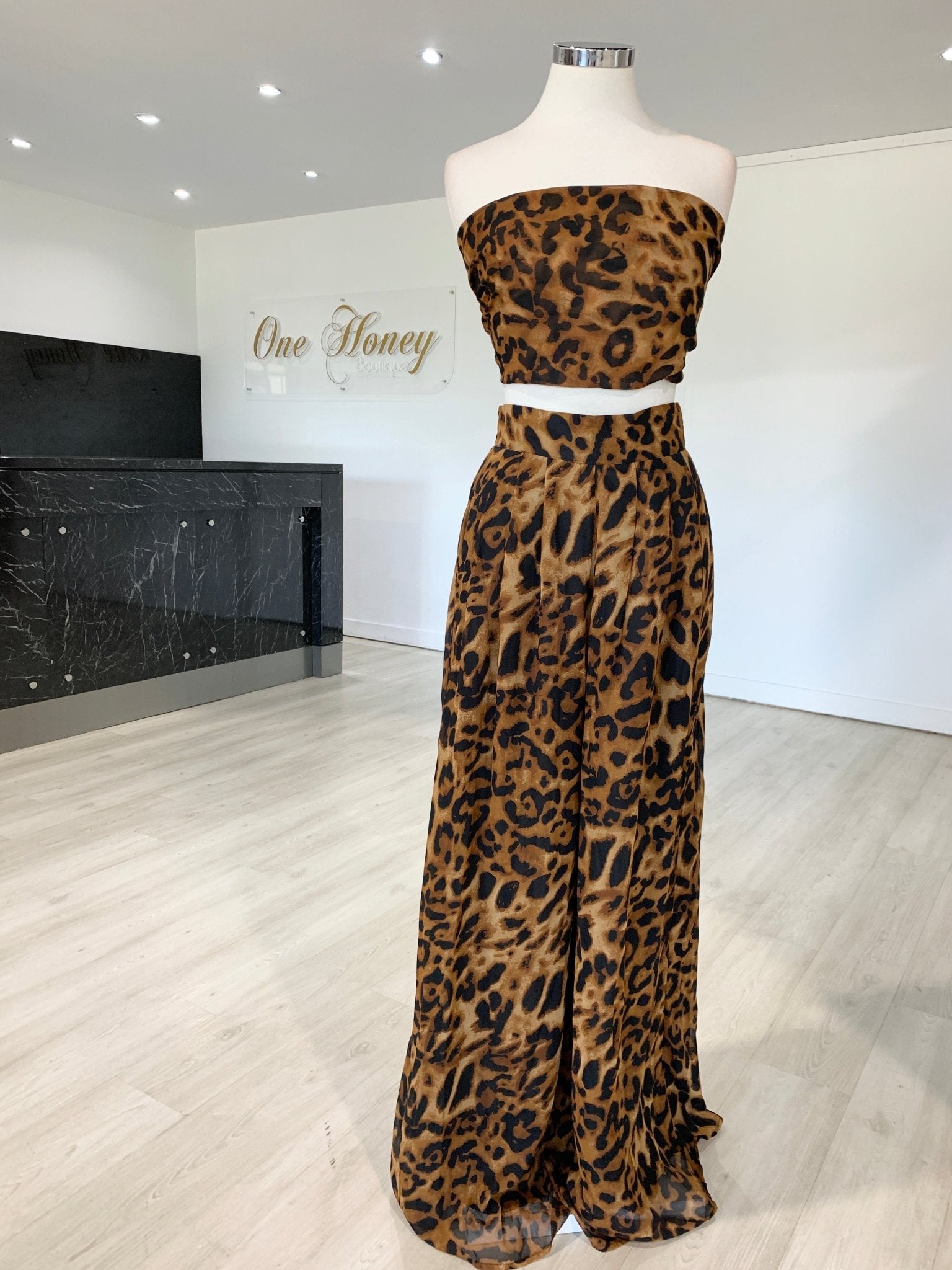 Honey Couture Brown Leopard Tie Bandeau w High Waisted Pants in Australia | One Honey Boutique